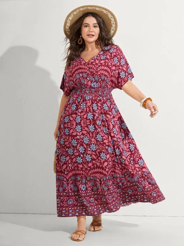Rayon Boho Floral Shirred Waist Midi Dress sold by Bloomchic