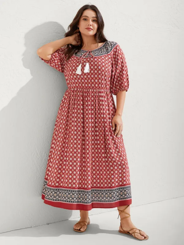 Rayon Boho Print Neck Tie Midi Dress sold by Bloomchic