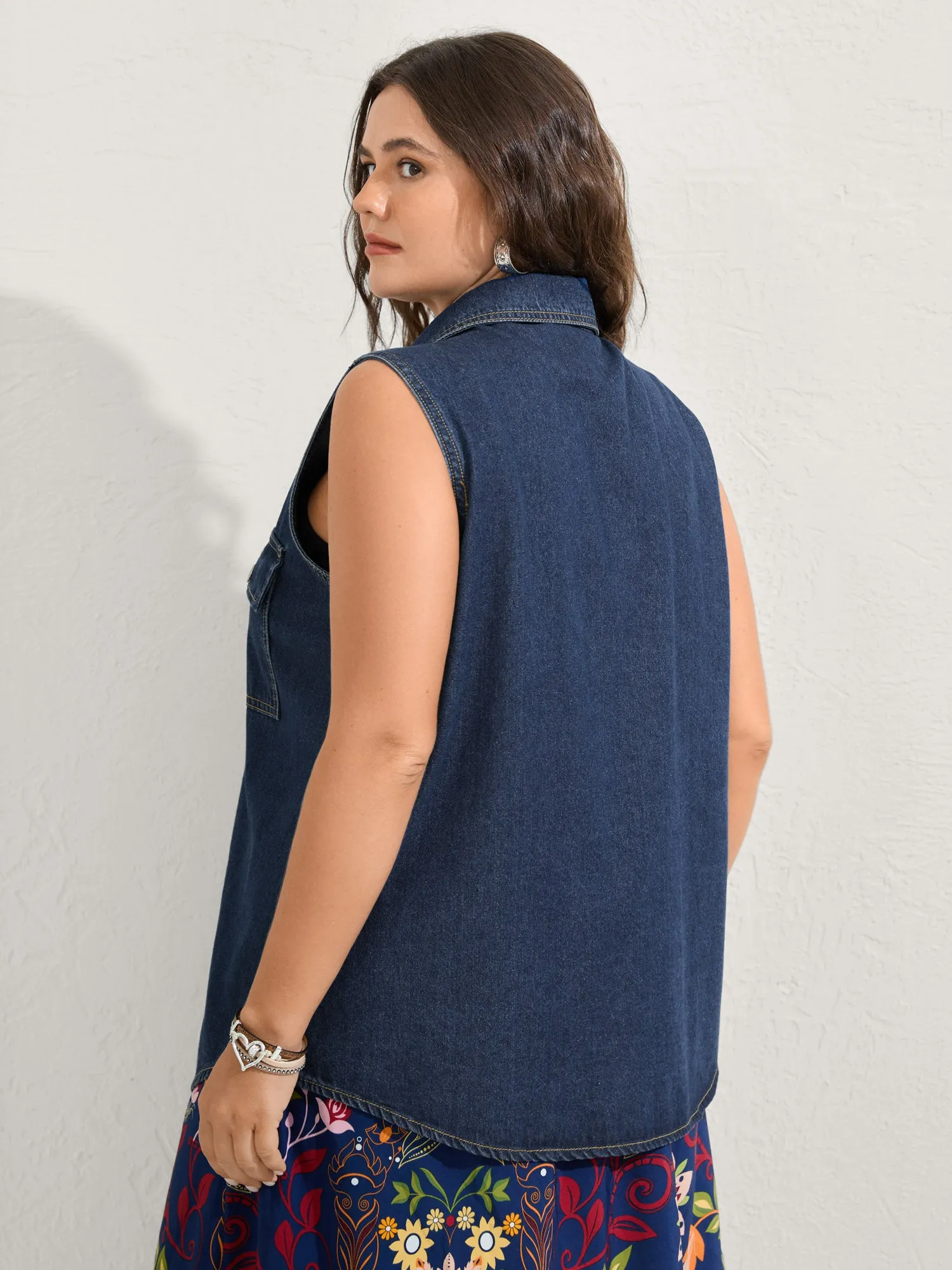 Button-Front Long Denim Vest Jacket sold by Bloomchic product image thumbnail 5