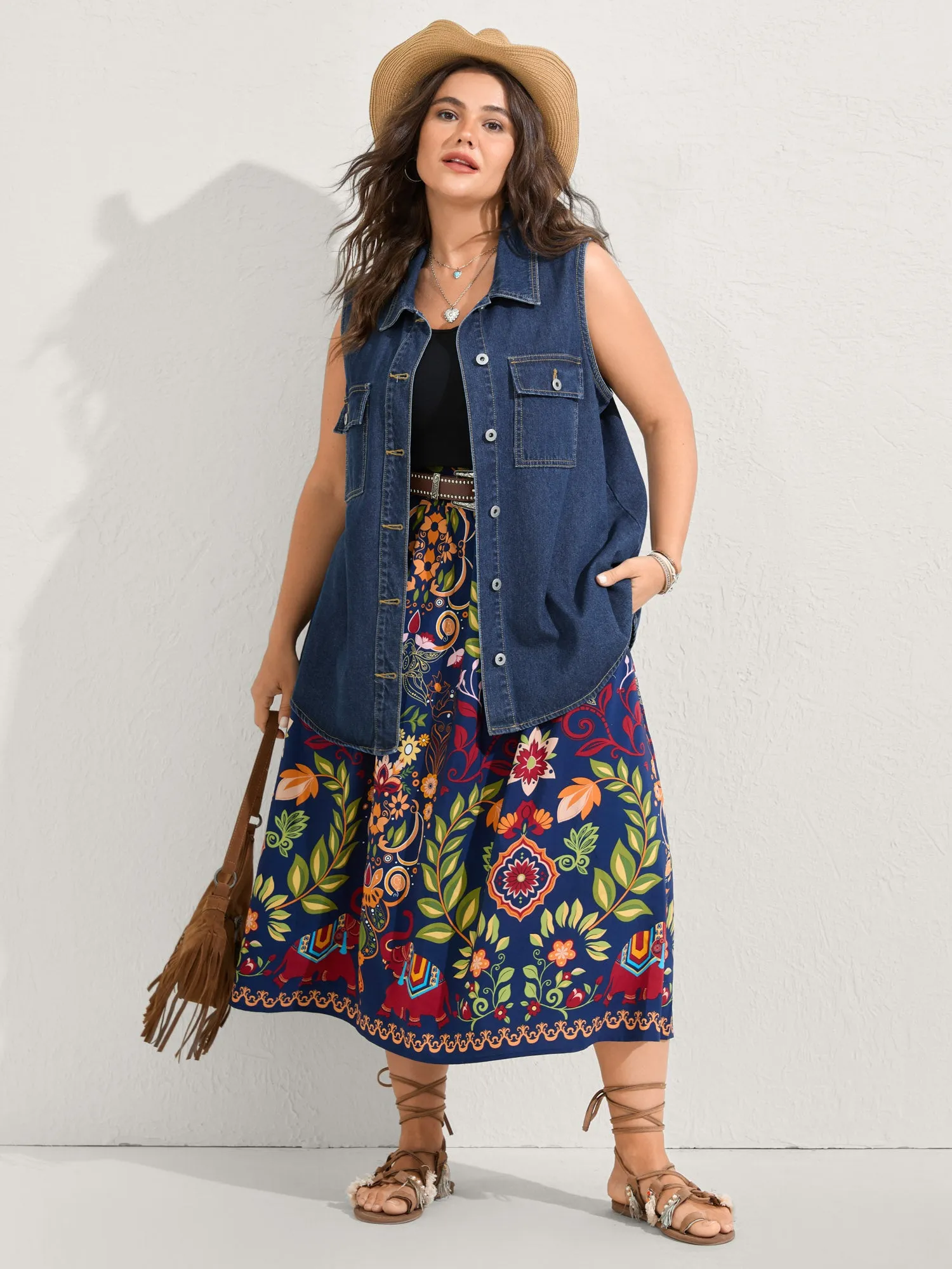 Button-Front Long Denim Vest Jacket sold by Bloomchic product image thumbnail 2
