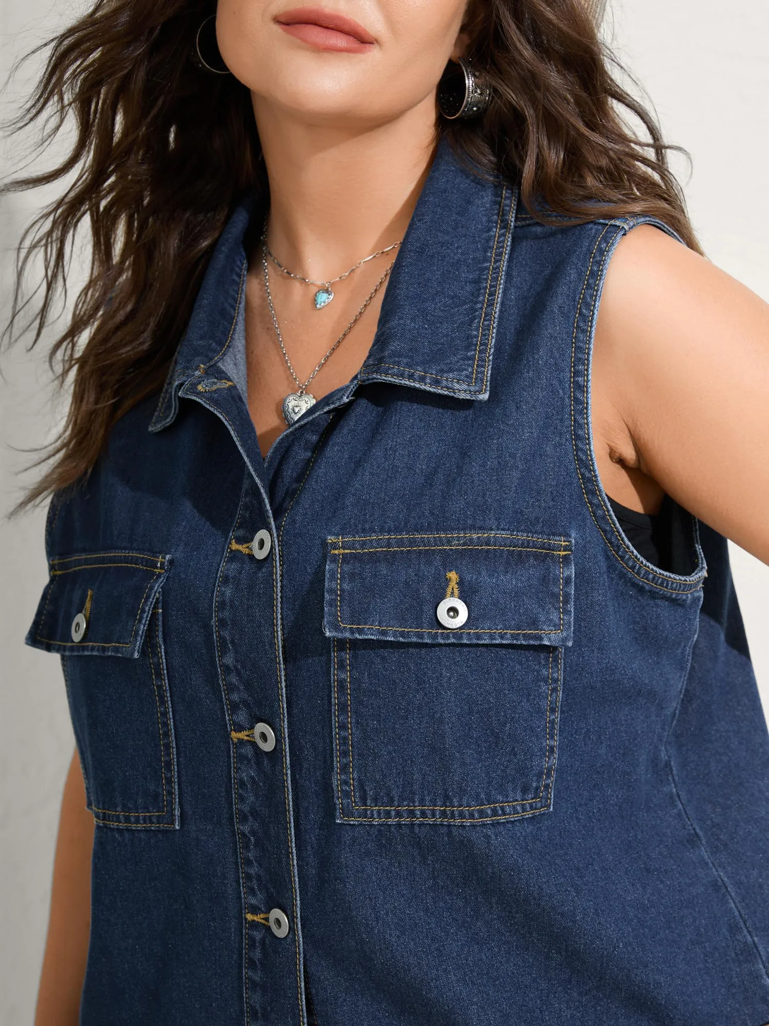 Button-Front Long Denim Vest Jacket sold by Bloomchic product image thumbnail 4