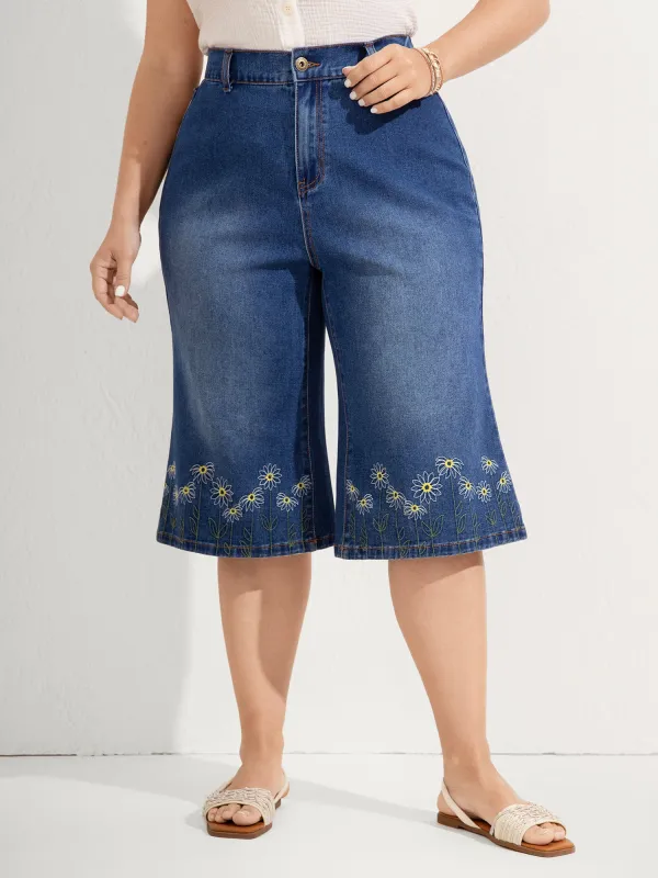 Floral Embroidered Elastic Waist Cropped Jeans sold by Bloomchic