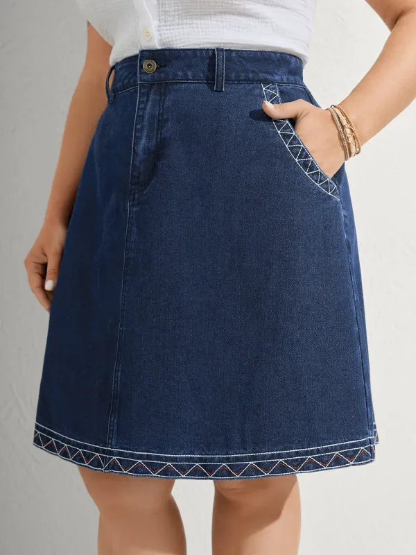 Geometric Embroidered Hem Mini Denim Skirt sold by Bloomchic