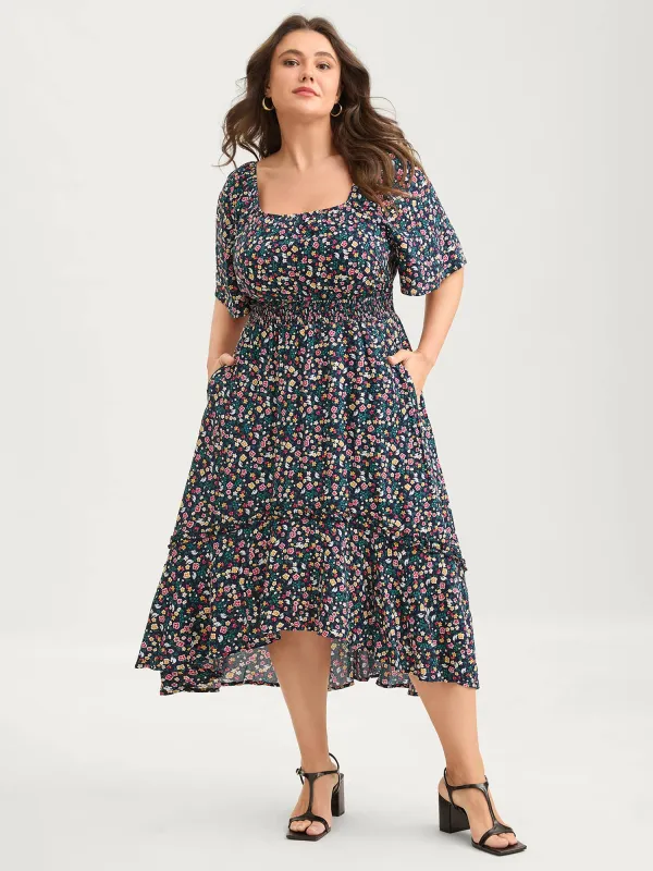 Micro Floral Shirred Asymmetrical Midi Dress sold by Bloomchic