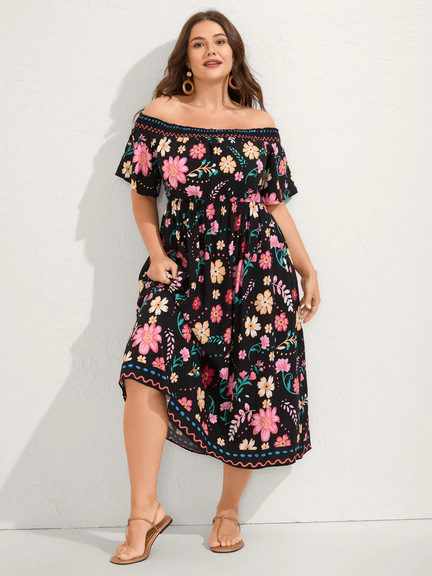 Rayon Floral Shirred Off-Shoulder Midi Dress sold by Bloomchic product image thumbnail 2