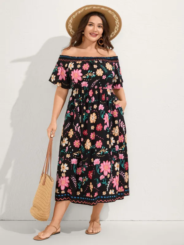 Rayon Floral Shirred Off-Shoulder Midi Dress sold by Bloomchic