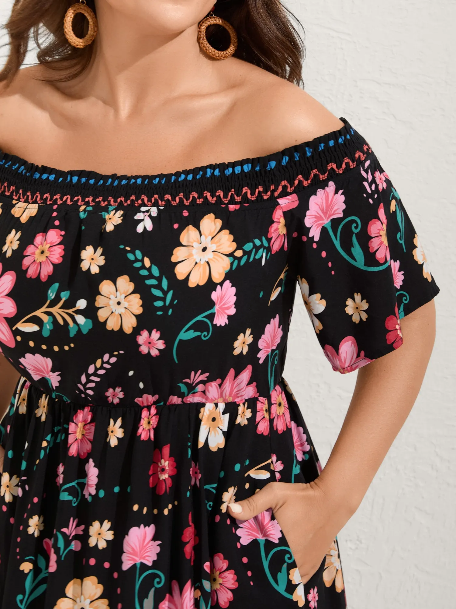 Rayon Floral Shirred Off-Shoulder Midi Dress sold by Bloomchic product image thumbnail 3