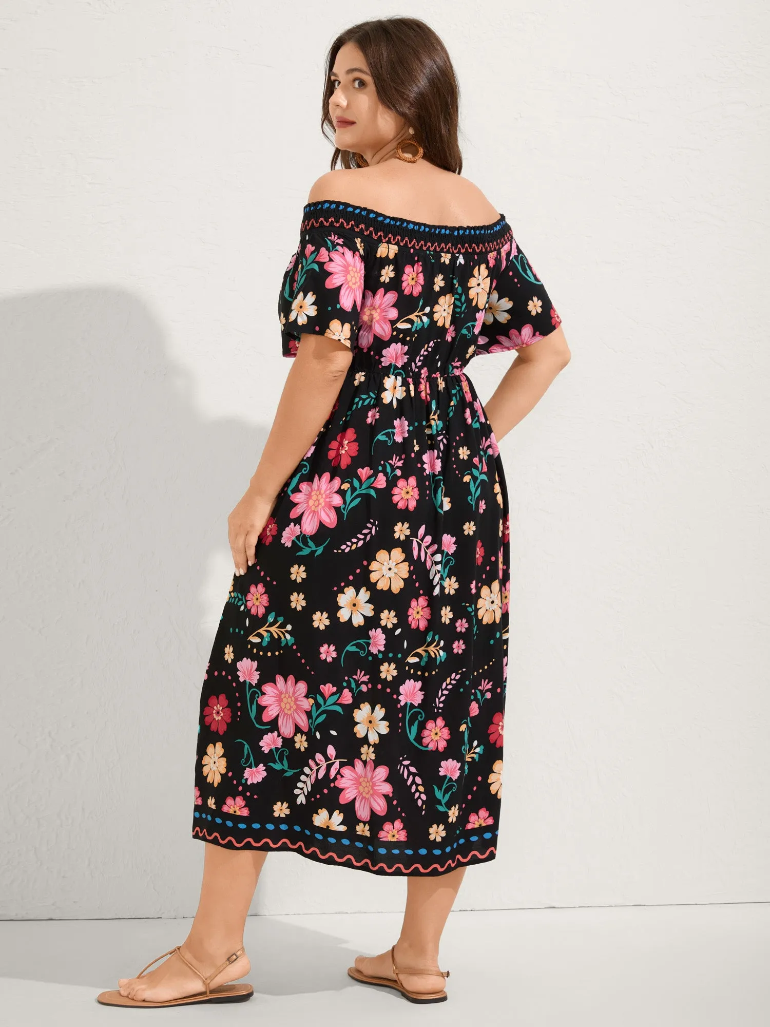 Rayon Floral Shirred Off-Shoulder Midi Dress sold by Bloomchic product image thumbnail 4