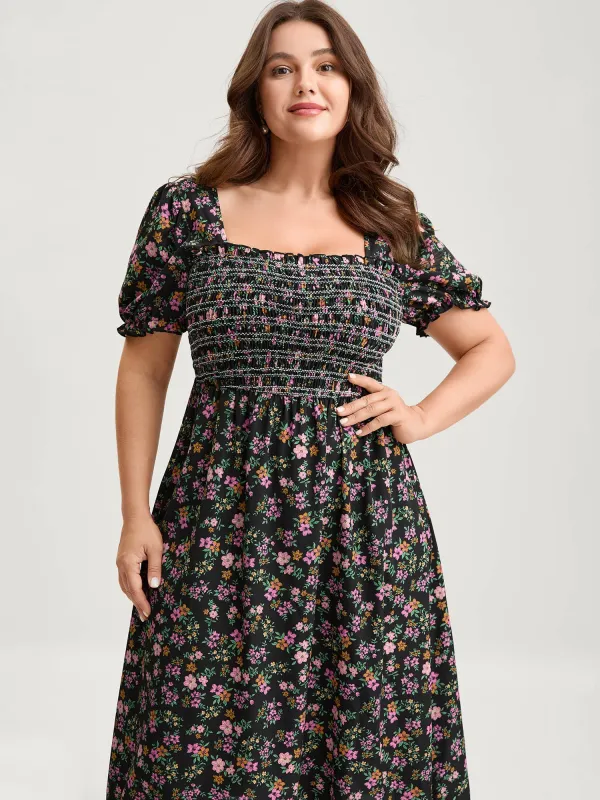 Floral Shirred Bodice Contrast Midi Dress sold by Bloomchic