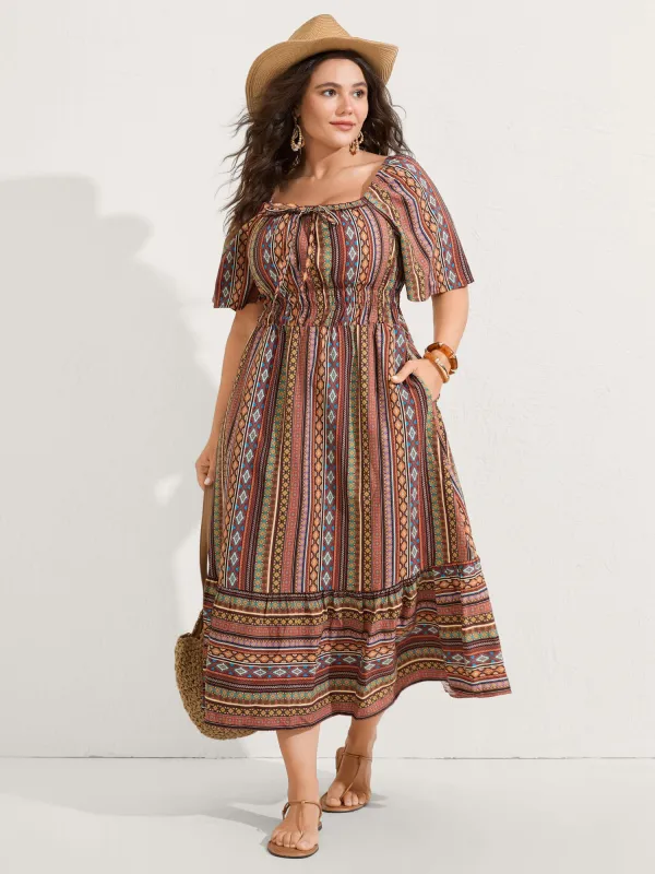 Striped Cinched-Waist Midi Dress sold by Bloomchic