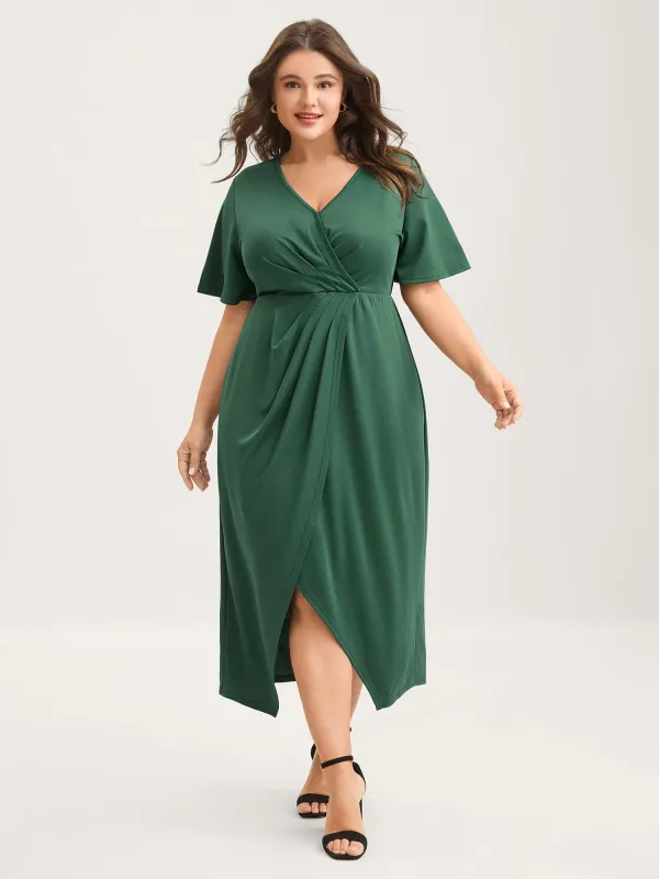 Wrap Gathered Solid Surplice Midi Dress sold by Bloomchic