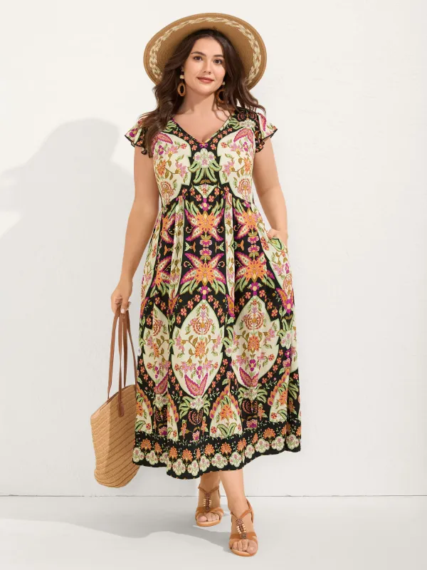 Floral Print Ruffled Sleeve V-Neck Midi Dress sold by Bloomchic