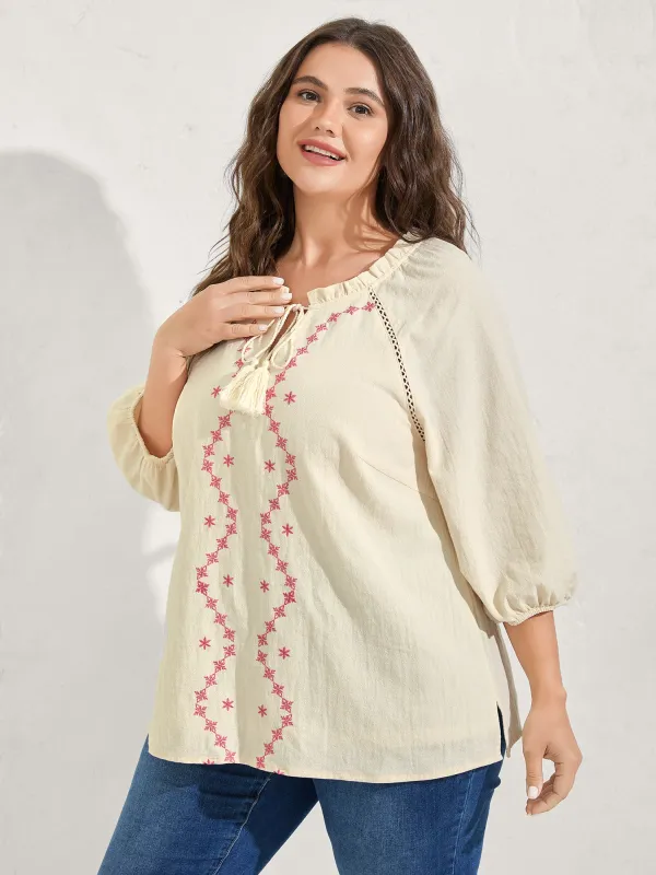 Cotton Lace Embroidered Shirred Neck-Tie Blouse sold by Bloomchic