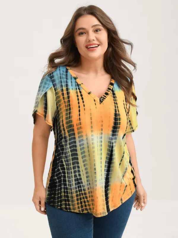 Tie-Dye Petal Sleeve V-Neck T-Shirt sold by Bloomchic