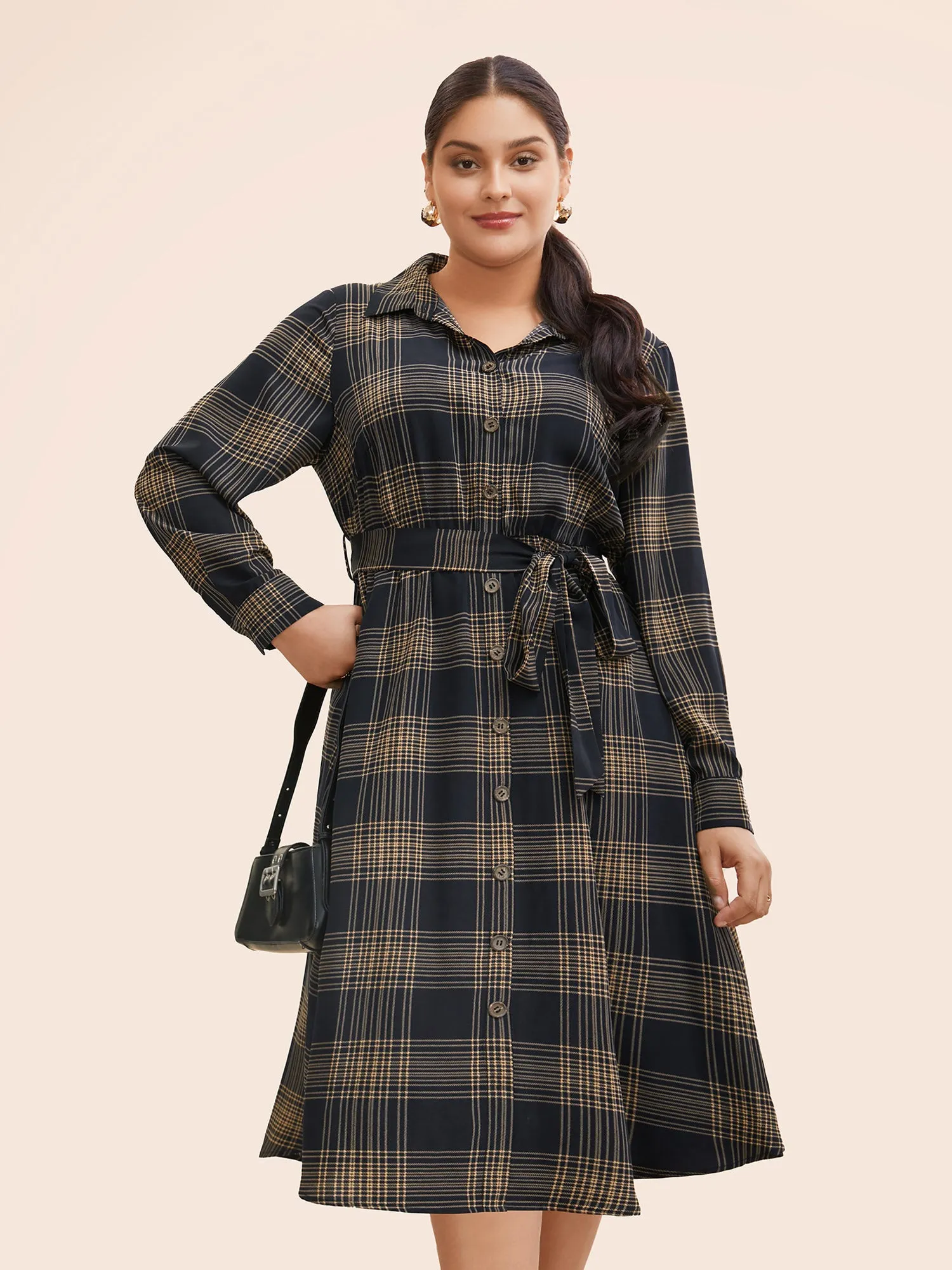 Plaid Shirt Collar Belted Midi Dress sold by Bloomchic product image thumbnail 2
