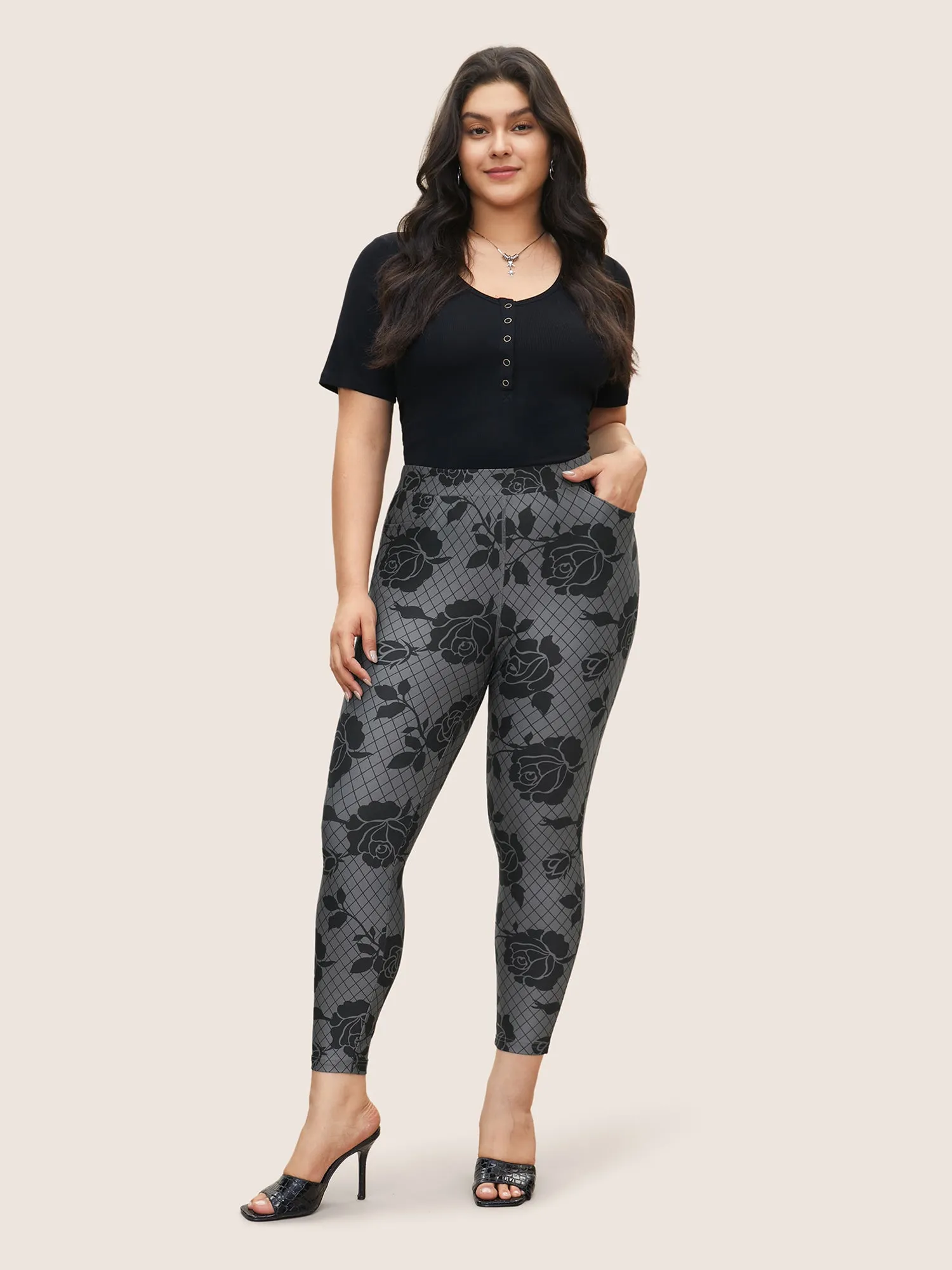 Skinny Rose Print High Rise Leggings sold by Bloomchic product image thumbnail 3