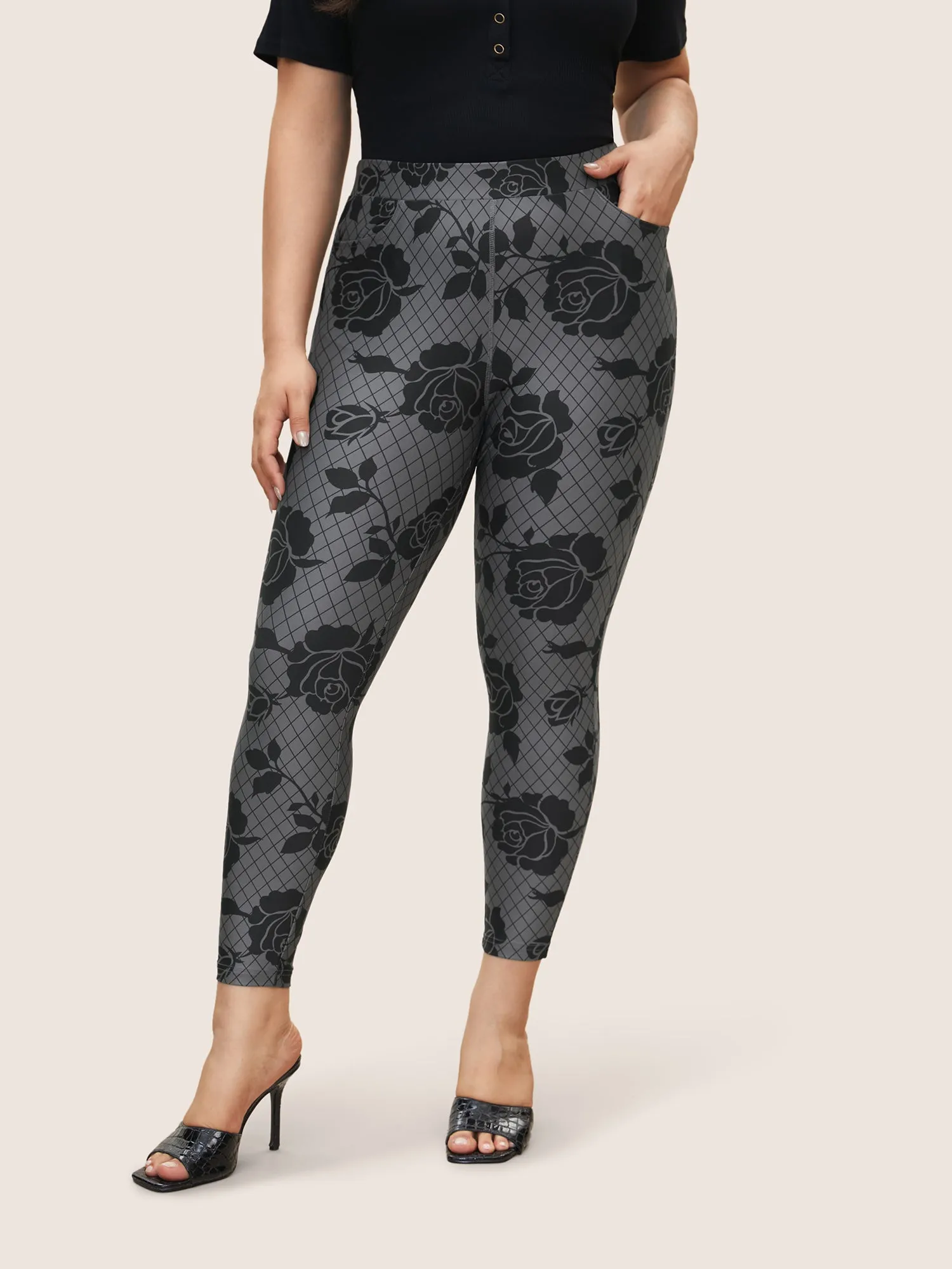 Skinny Rose Print High Rise Leggings sold by Bloomchic