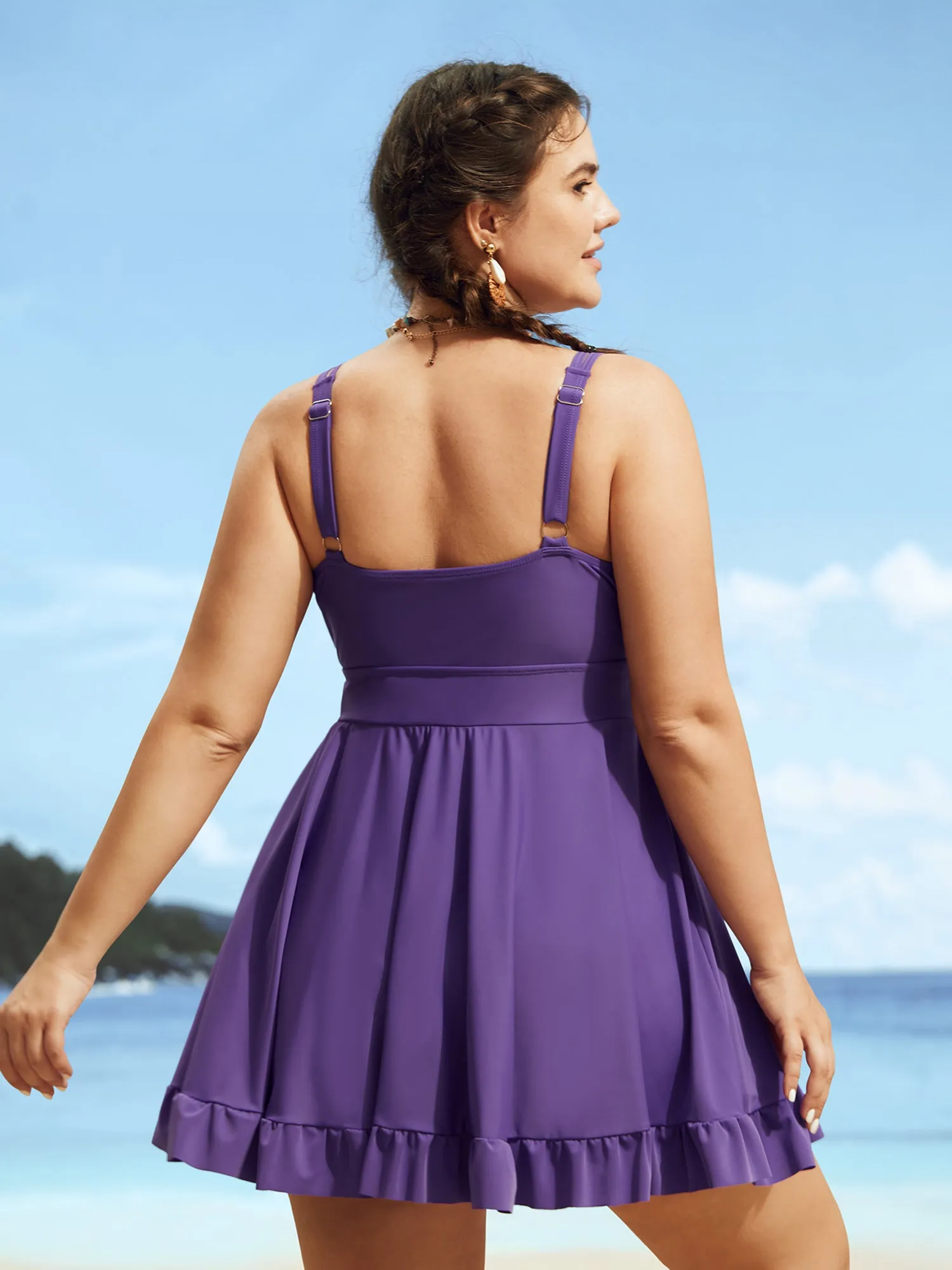 V Neck Solid Tie Knot Ruffles Swim Dress sold by Bloomchic product image thumbnail 2