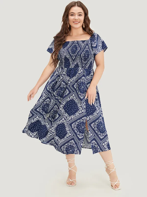 Paisley & Moroccan Print Pocket Shirred Square Neck Split Dress sold by Bloomchic