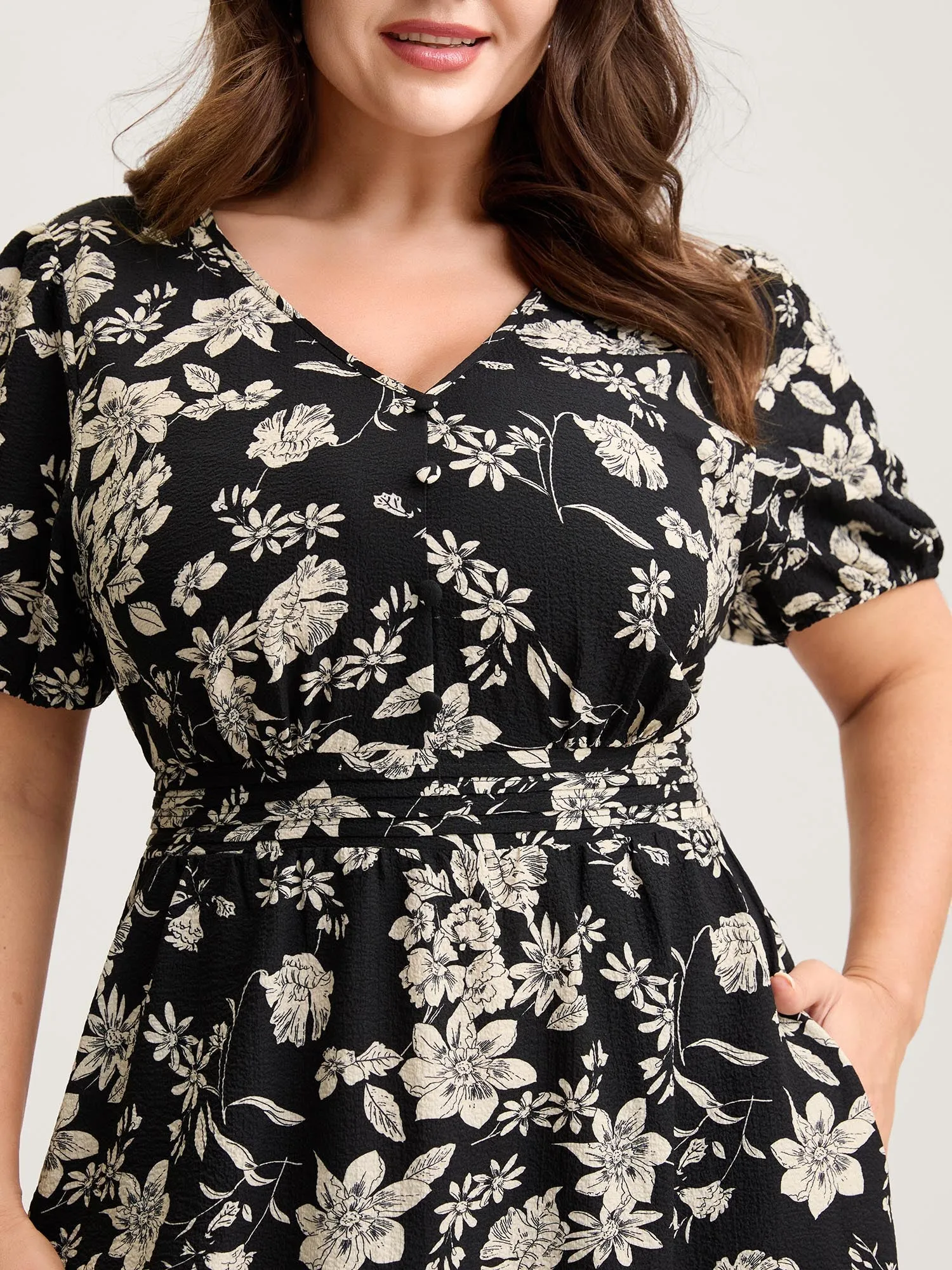 Silhouette Floral Pleated Waist V-Neck Midi Dress sold by Bloomchic product image thumbnail 2
