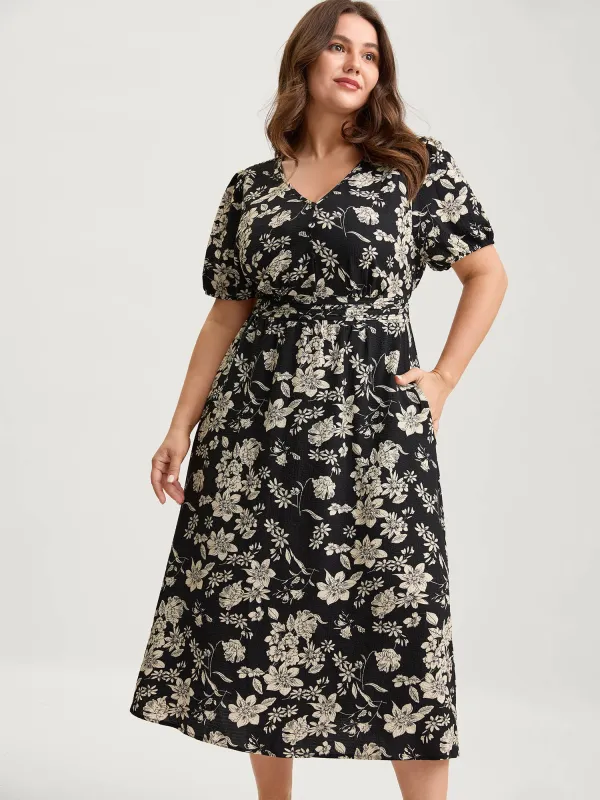 Silhouette Floral Pleated Waist V-Neck Midi Dress sold by Bloomchic