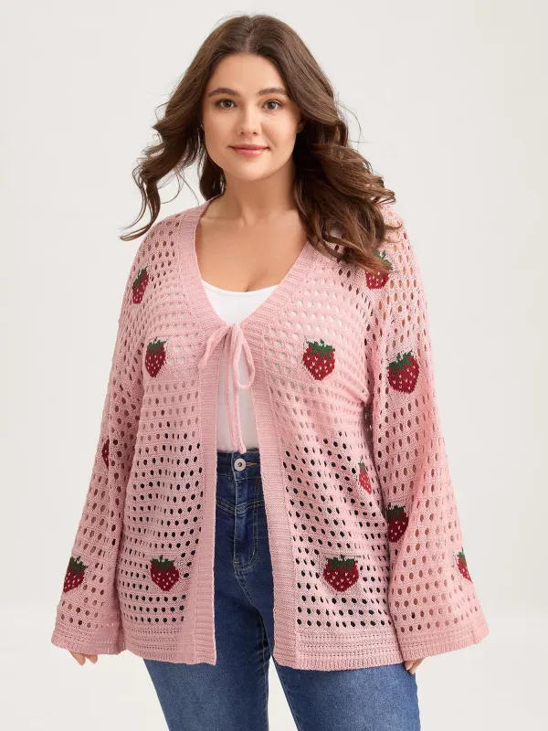 Strawberry Jacquard Embroidery Tie Knit Cardigan sold by Bloomchic