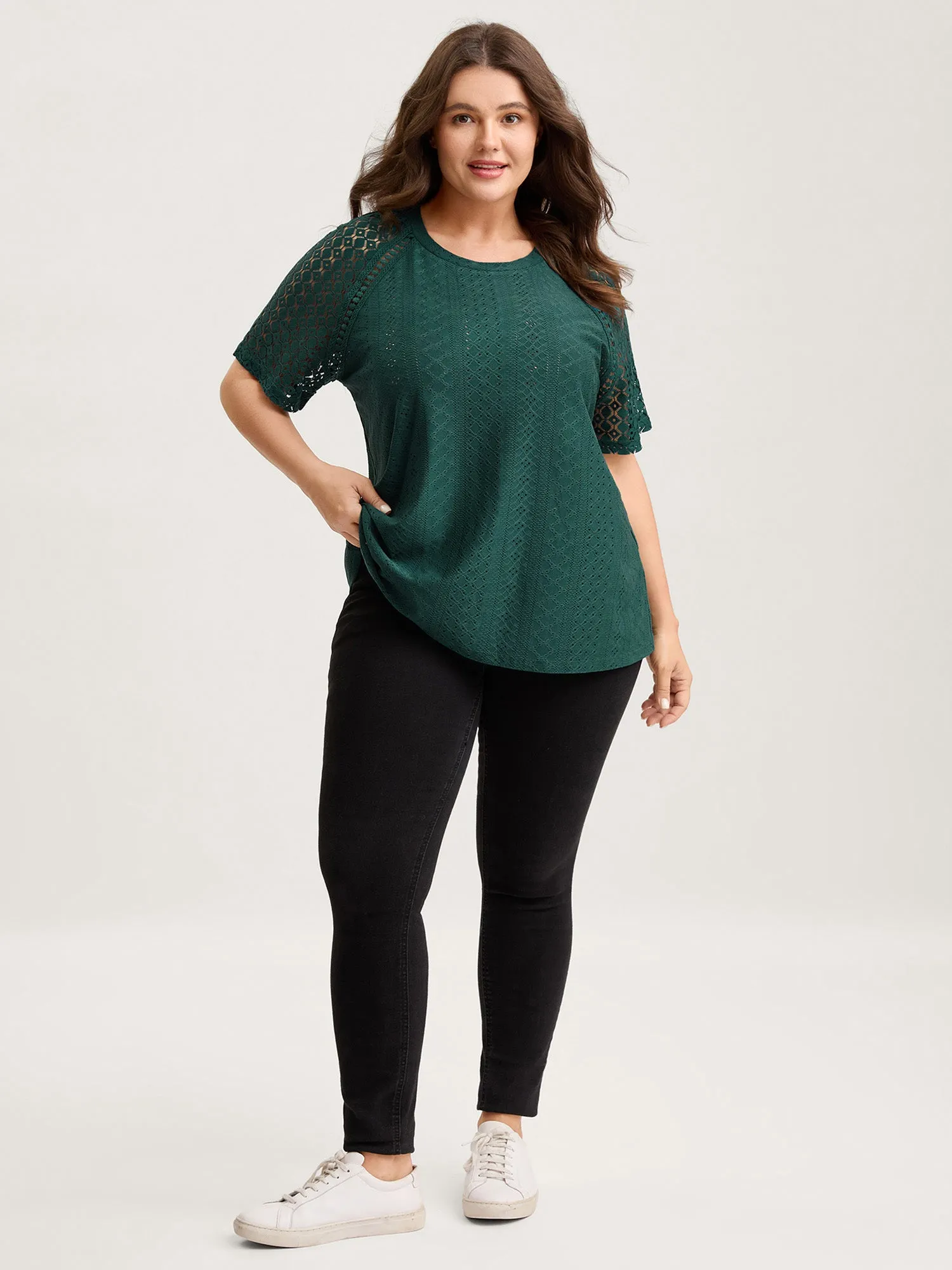 Eyelet Trim Lace Cut-Out Solid T-Shirt sold by Bloomchic product image thumbnail 3