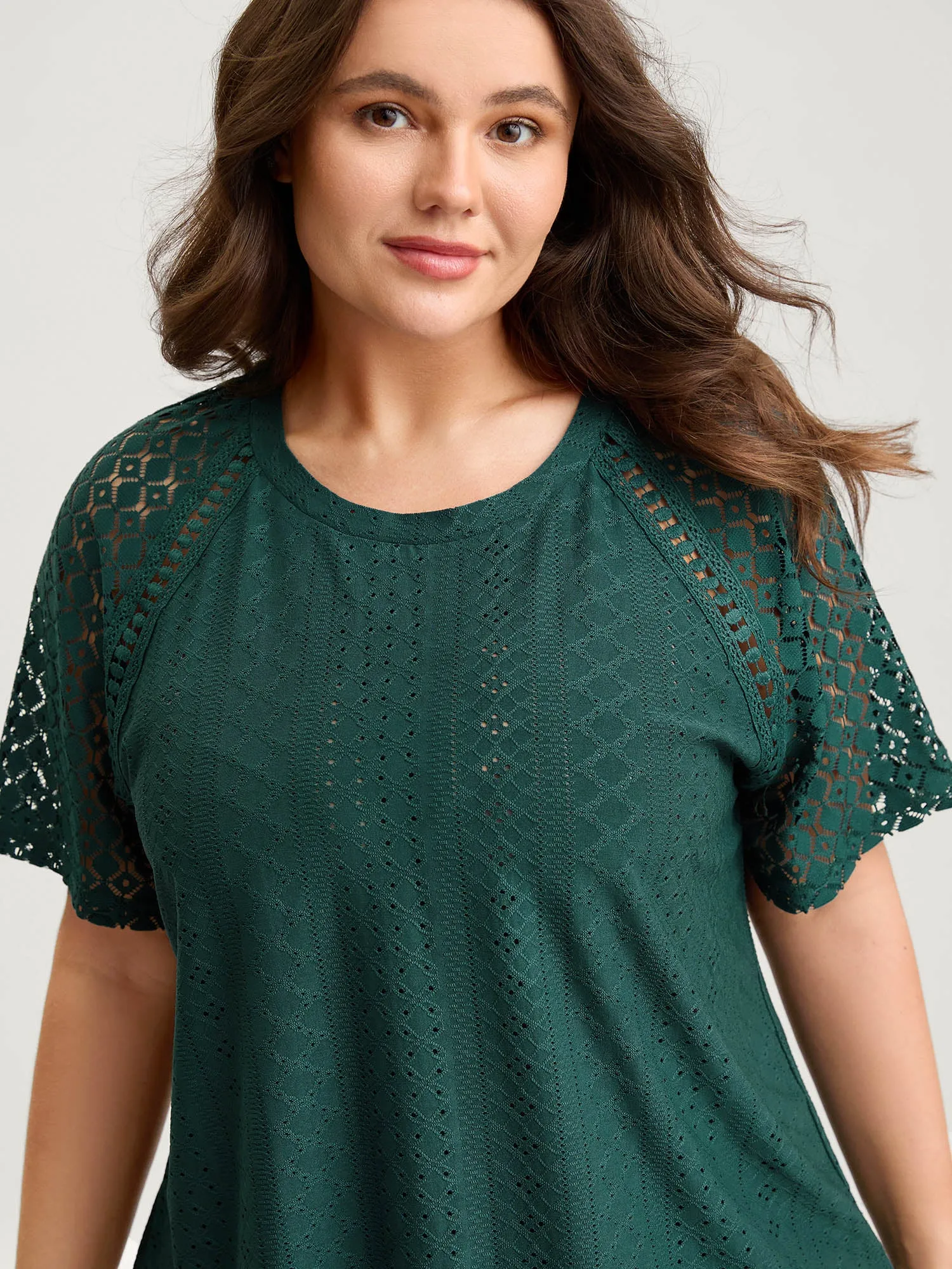 Eyelet Trim Lace Cut-Out Solid T-Shirt sold by Bloomchic