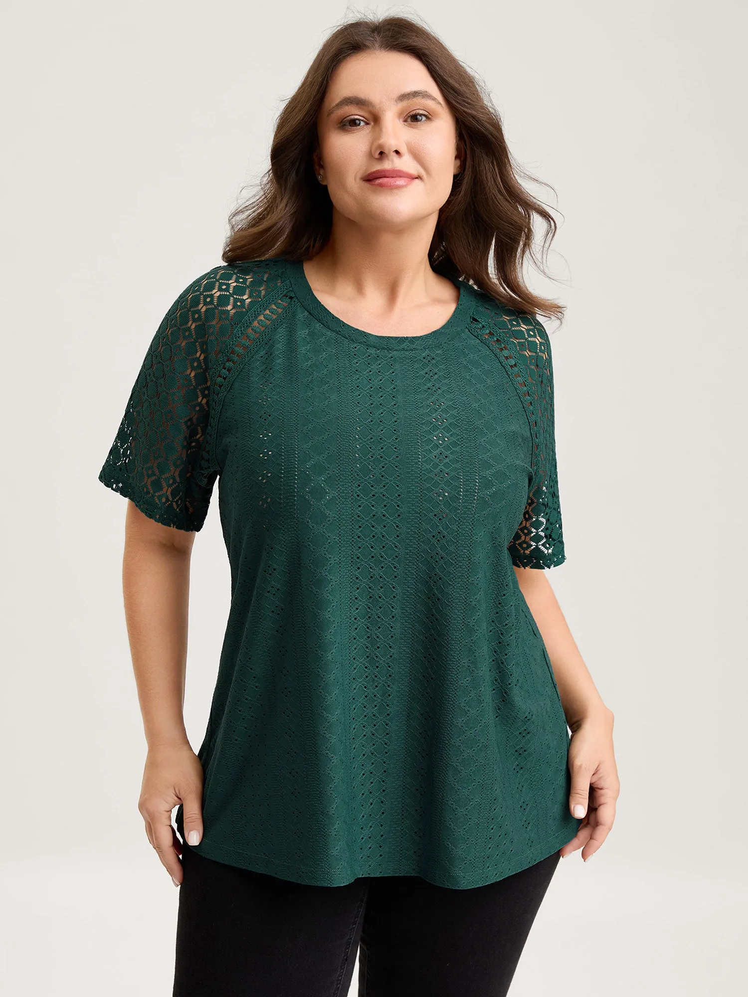 Eyelet Trim Lace Cut-Out Solid T-Shirt sold by Bloomchic product image thumbnail 2