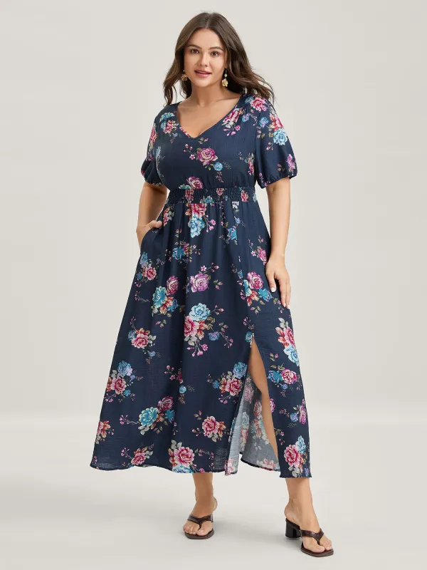 Floral Print Shirred Waist Slit Midi Dress sold by Bloomchic