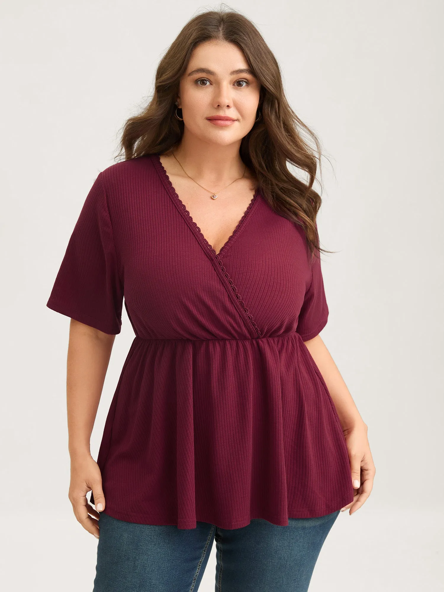 Ribbed Lace Surplice Flared Solid Blouse sold by Bloomchic product image thumbnail 2