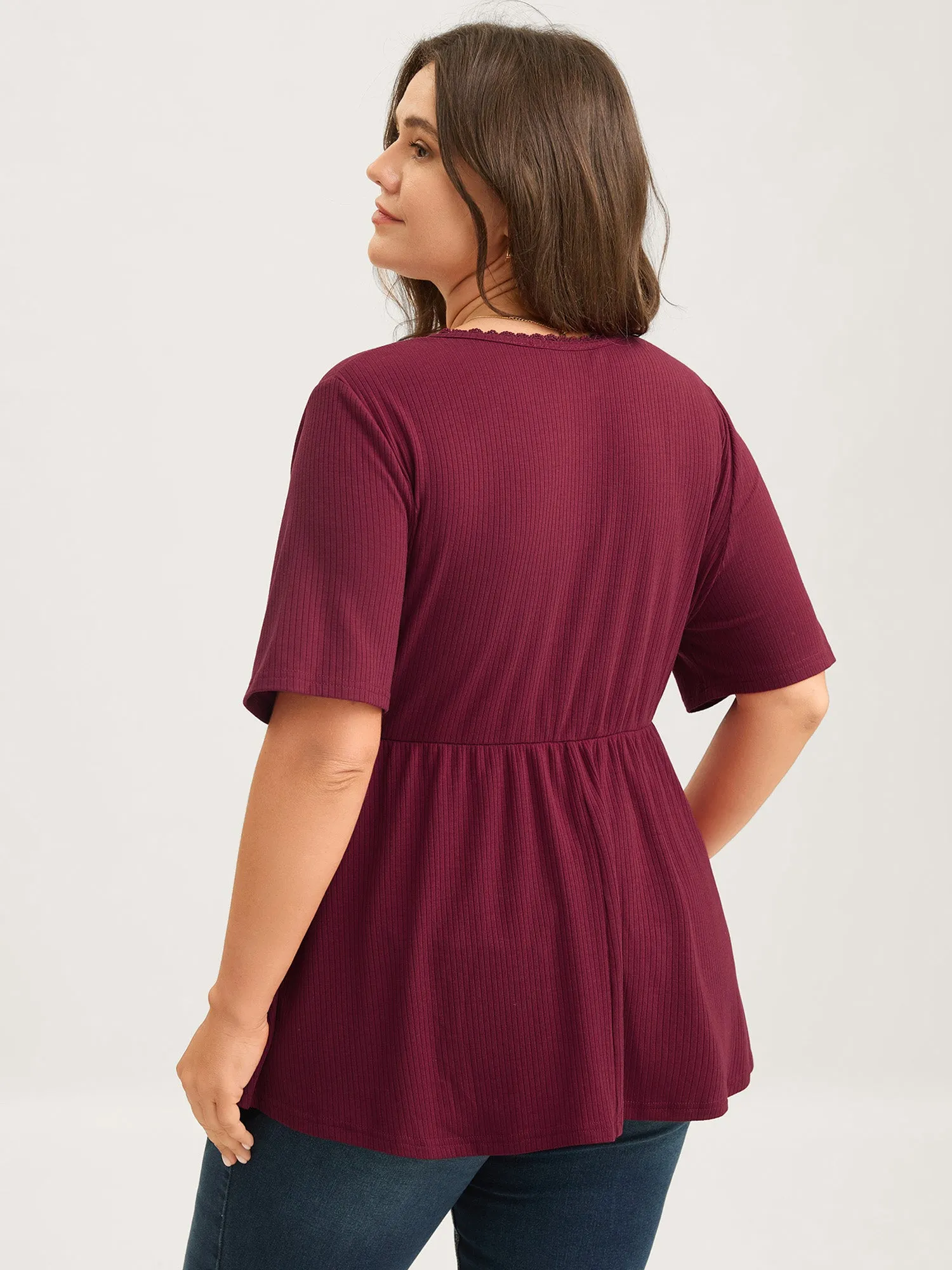 Ribbed Lace Surplice Flared Solid Blouse sold by Bloomchic product image thumbnail 4