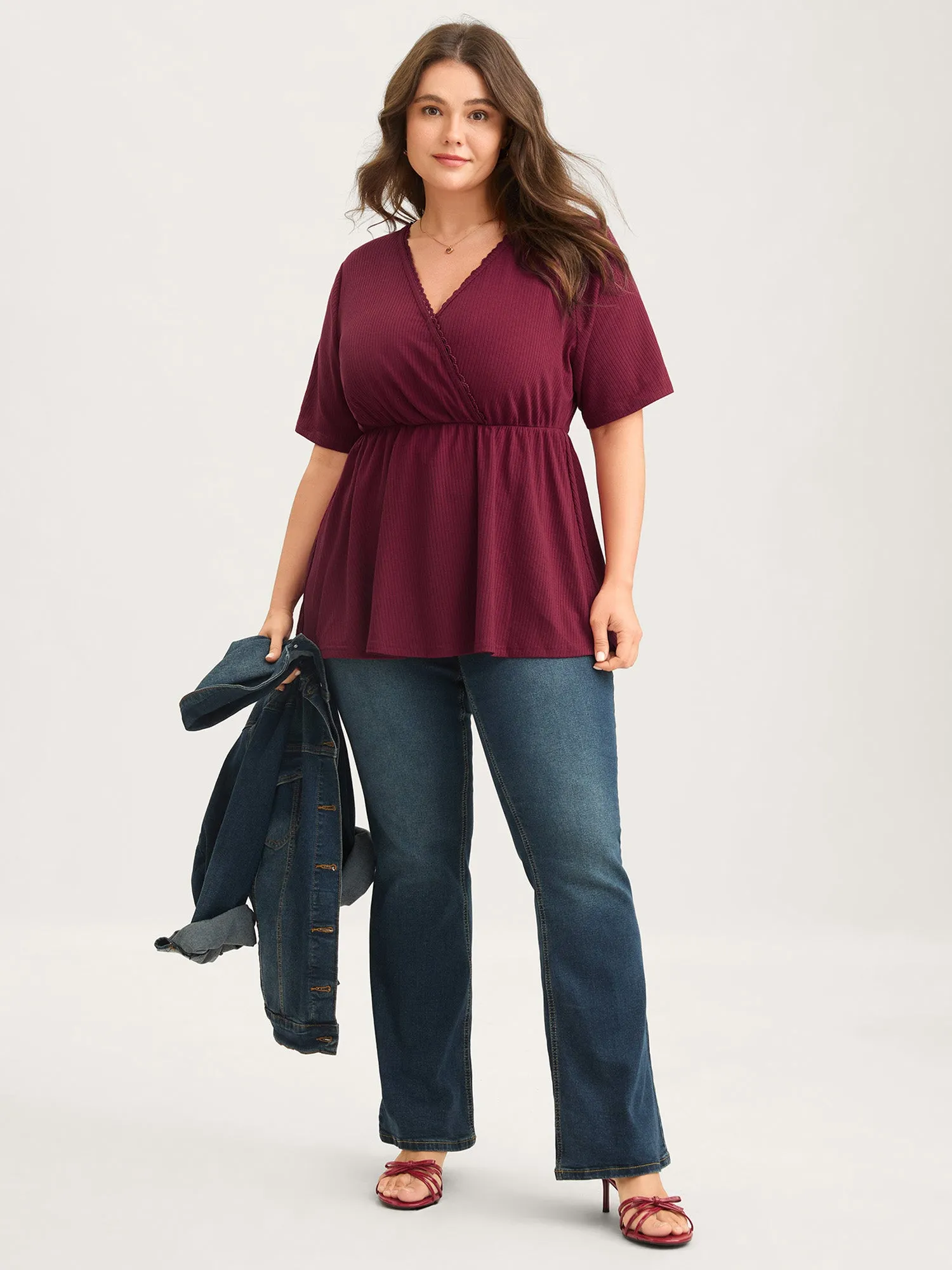 Ribbed Lace Surplice Flared Solid Blouse sold by Bloomchic product image thumbnail 3