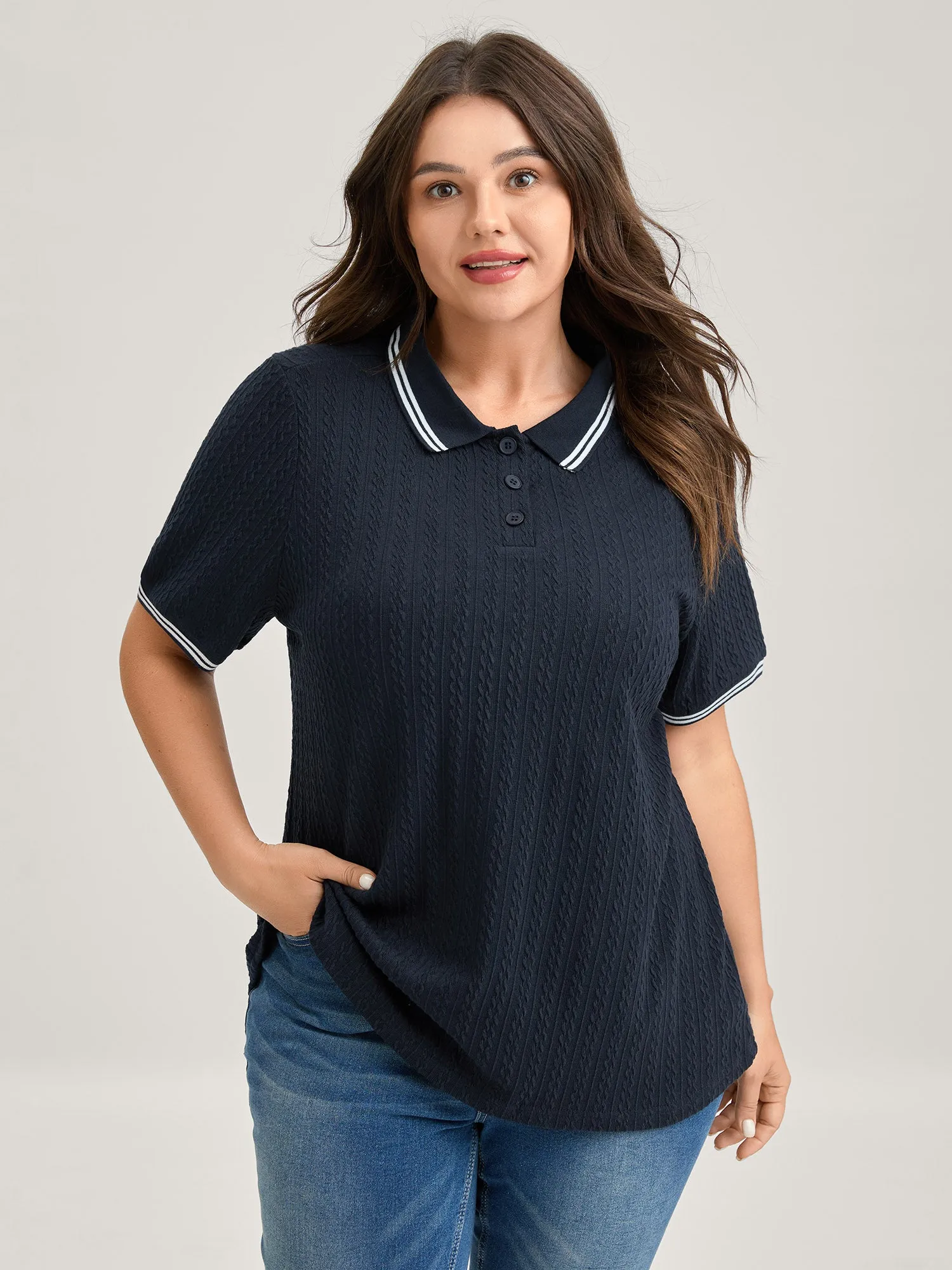 Textured Polo Collar Solid T-Shirt sold by Bloomchic