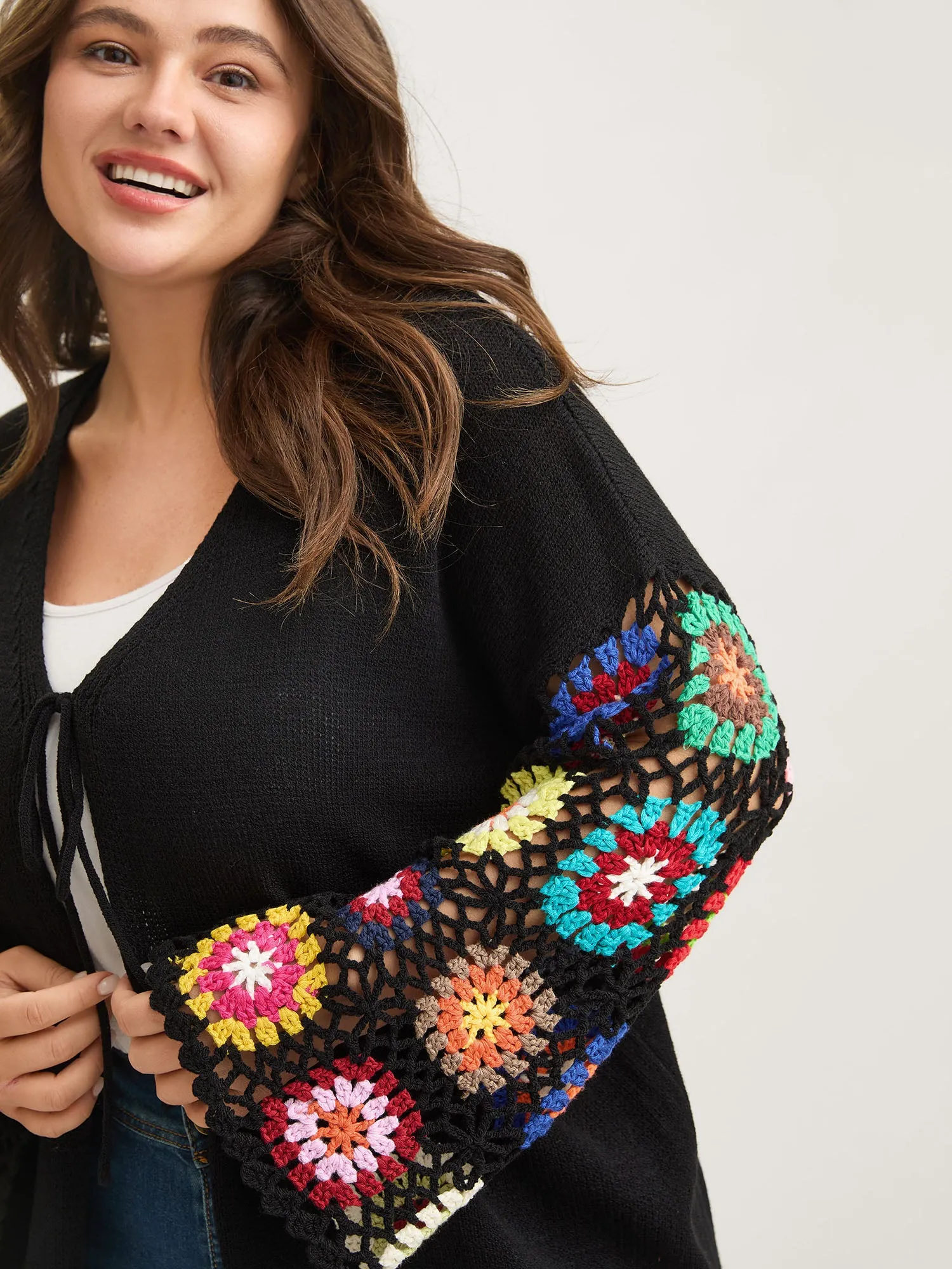 Crochet Floral Tie Cut-Out Cardigan sold by Bloomchic product image thumbnail 4