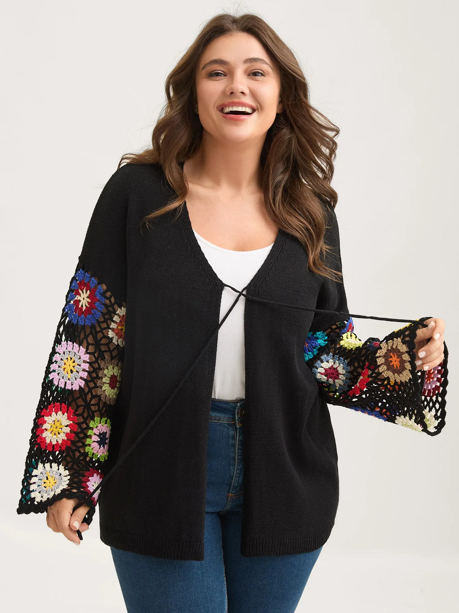 Crochet Floral Tie Cut-Out Cardigan sold by Bloomchic product image thumbnail 2