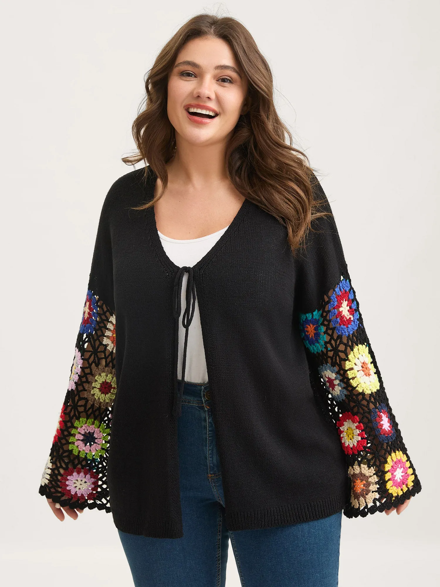 Crochet Floral Tie Cut-Out Cardigan sold by Bloomchic