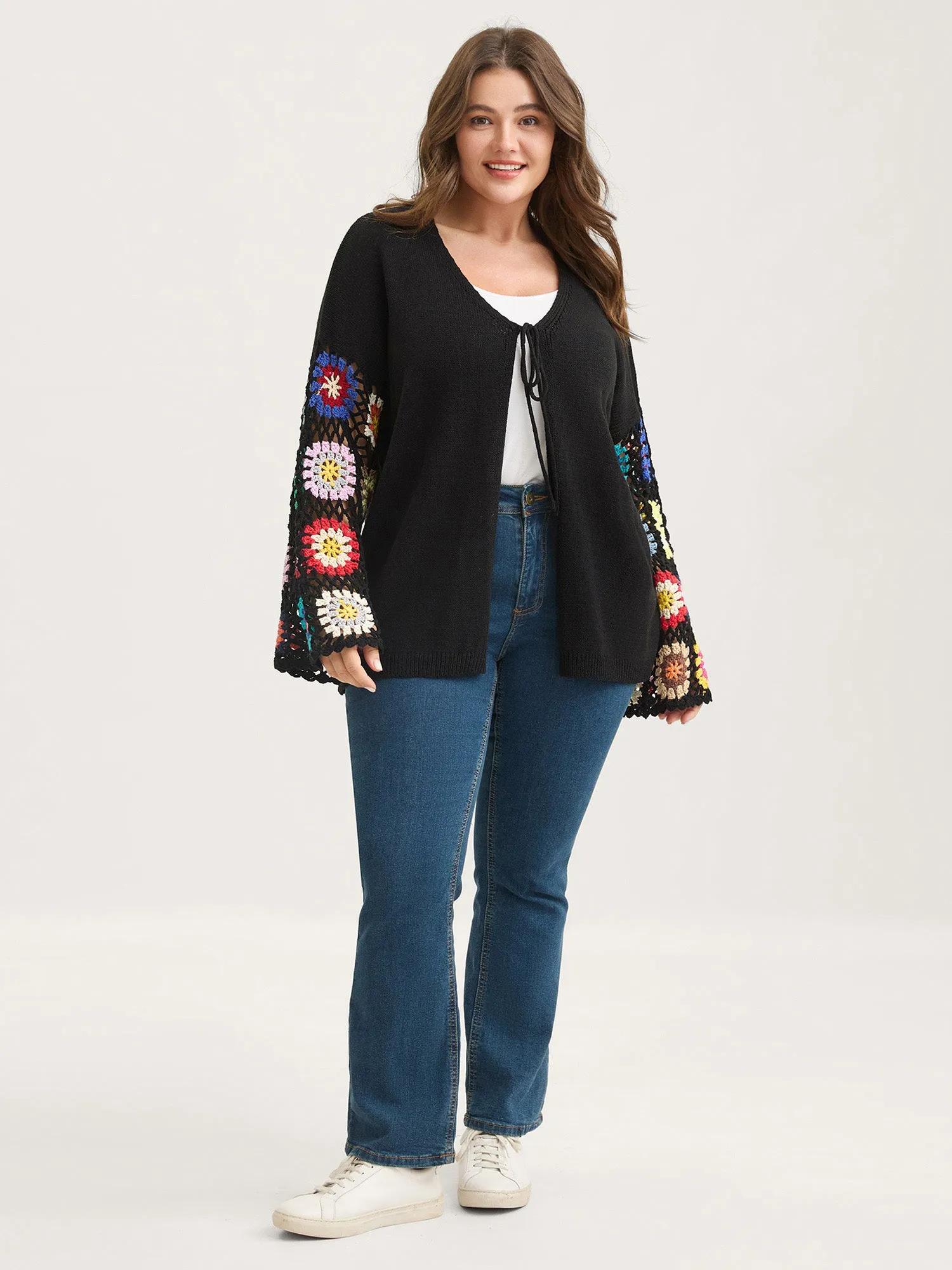 Crochet Floral Tie Cut-Out Cardigan sold by Bloomchic product image thumbnail 3