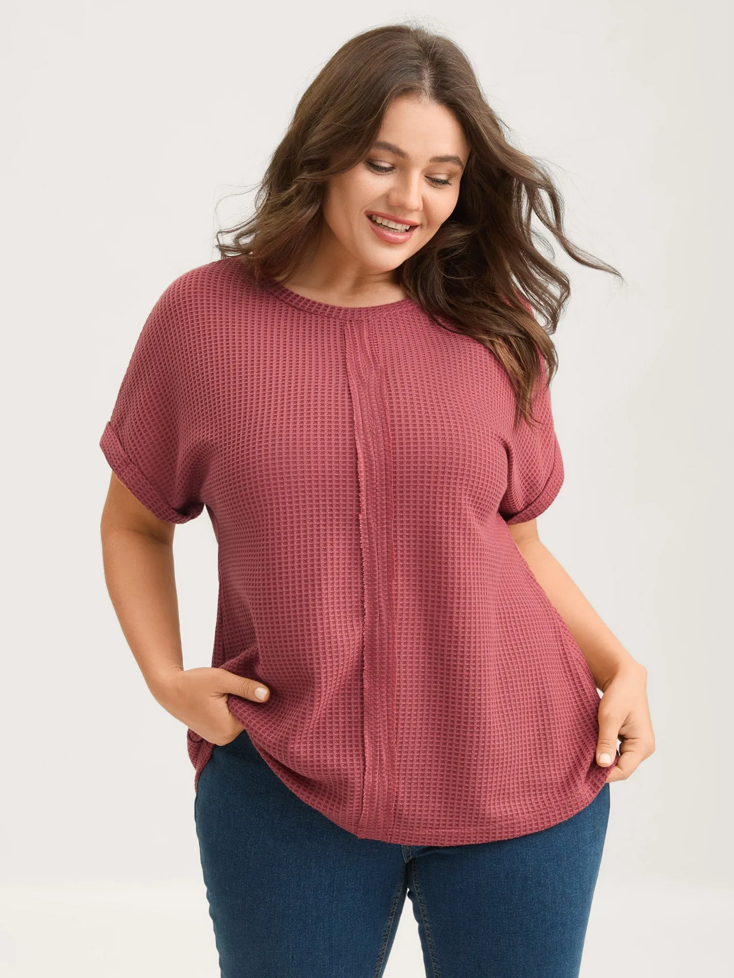 Waffle Seamed Front Solid T-Shirt sold by Bloomchic