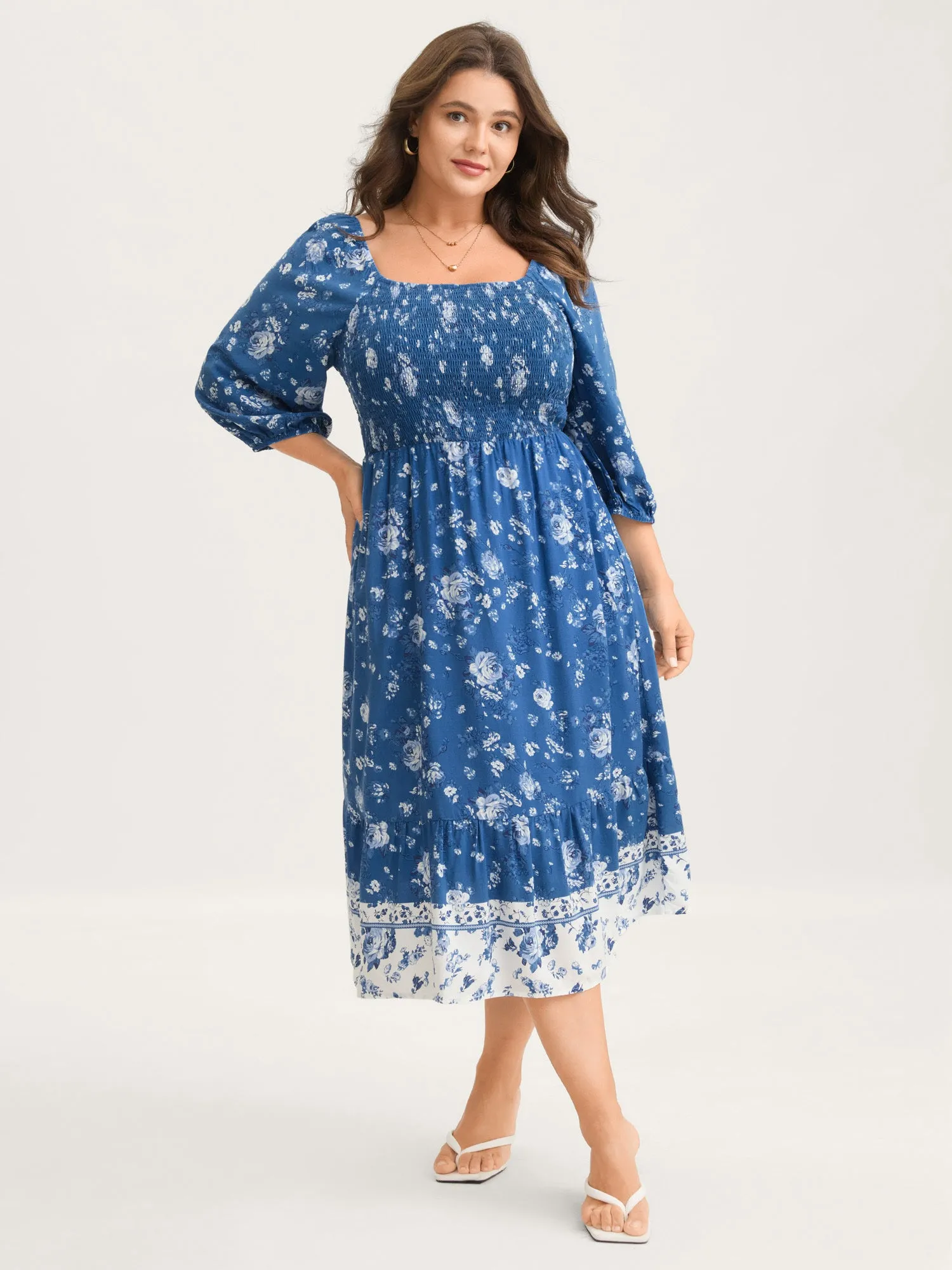 Rosy Print Shirred Bust Pockets Midi Dress sold by Bloomchic product image thumbnail 3