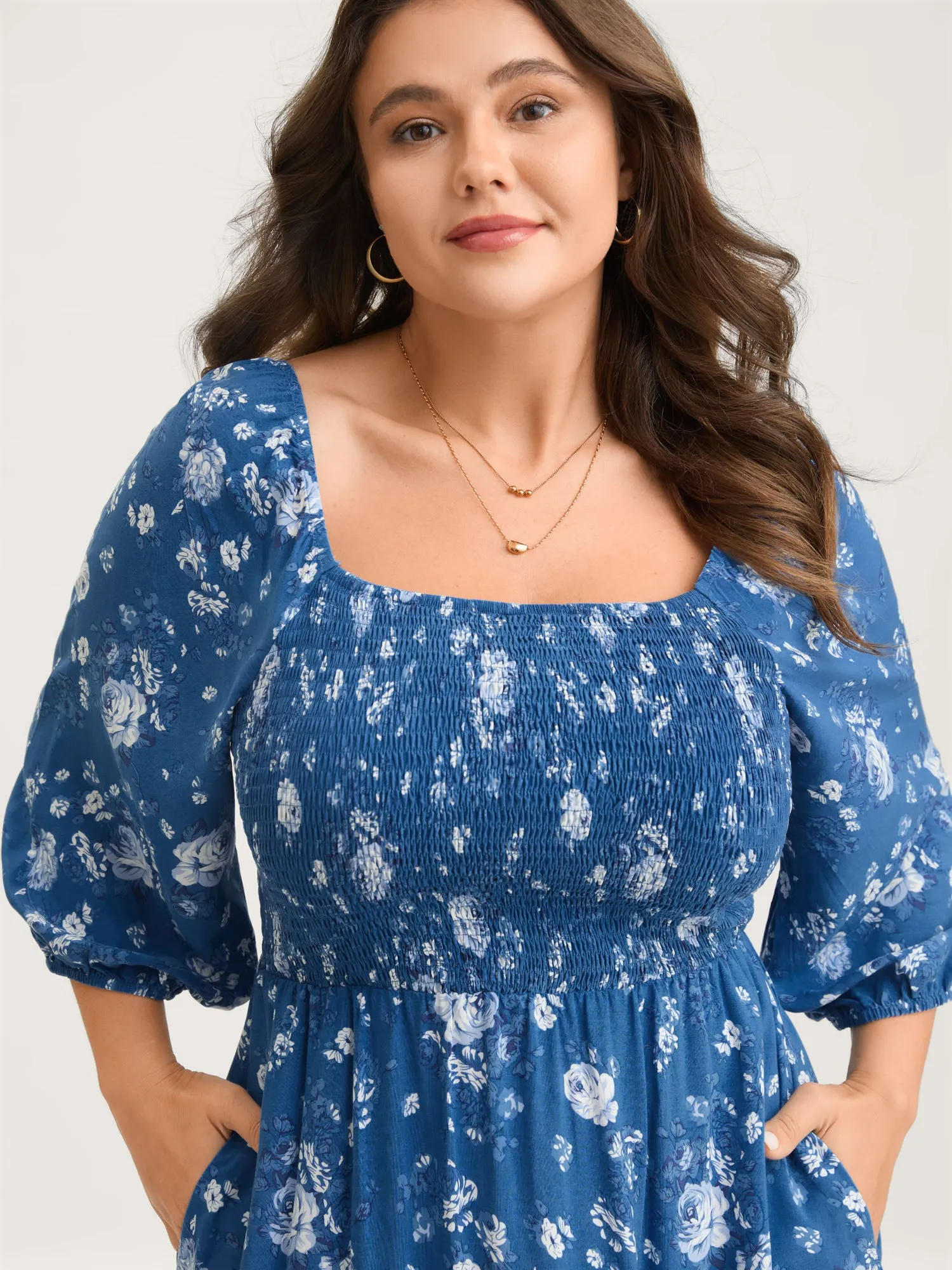 Rosy Print Shirred Bust Pockets Midi Dress sold by Bloomchic product image thumbnail 2