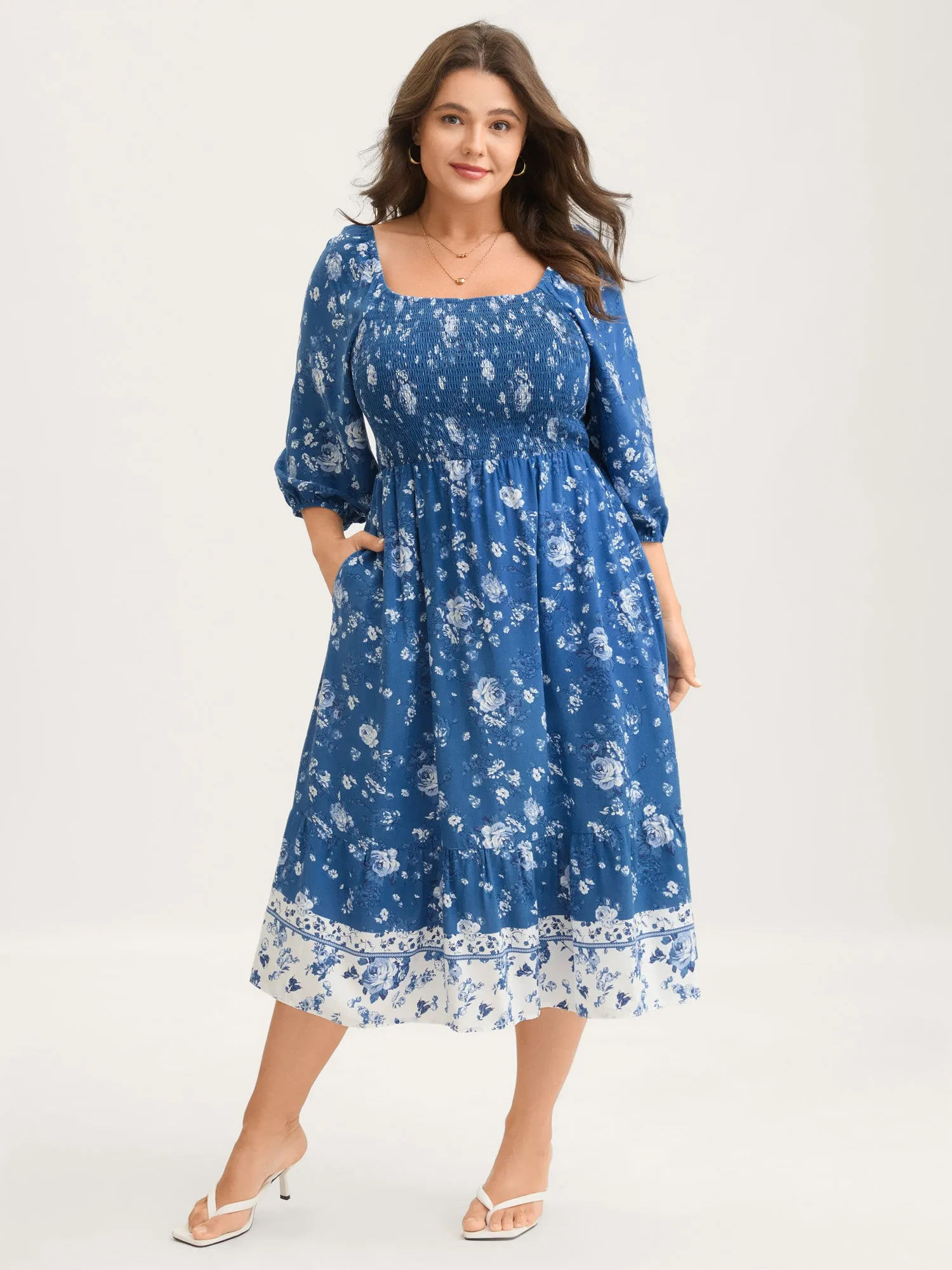 Rosy Print Shirred Bust Pockets Midi Dress sold by Bloomchic