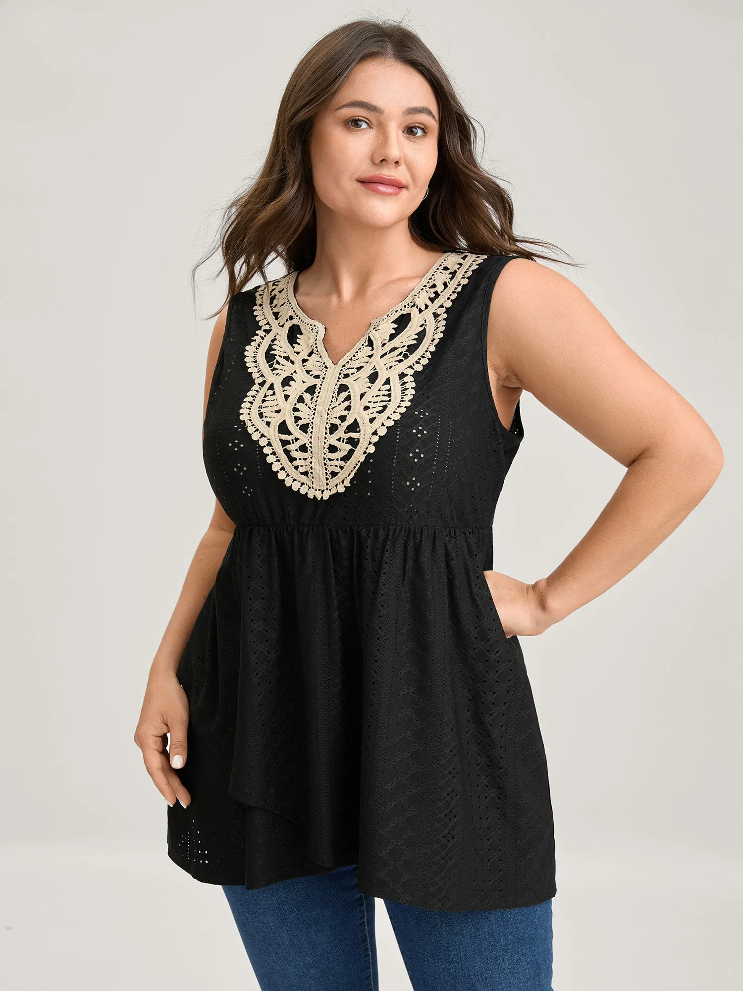 Textured Floral Lace Neck Long Tank Top sold by Bloomchic