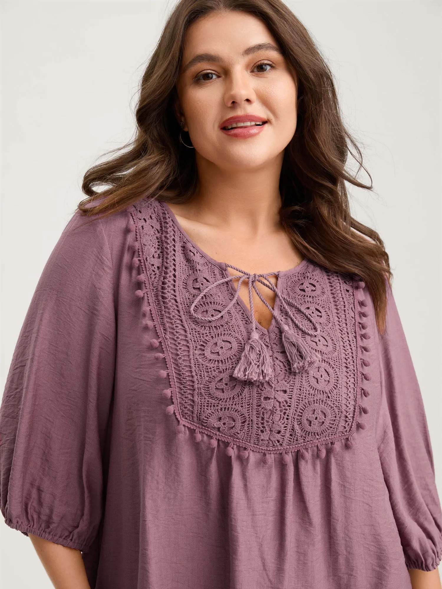 Lace Neck Tie Flowy Solid Blouse sold by Bloomchic product image thumbnail 2