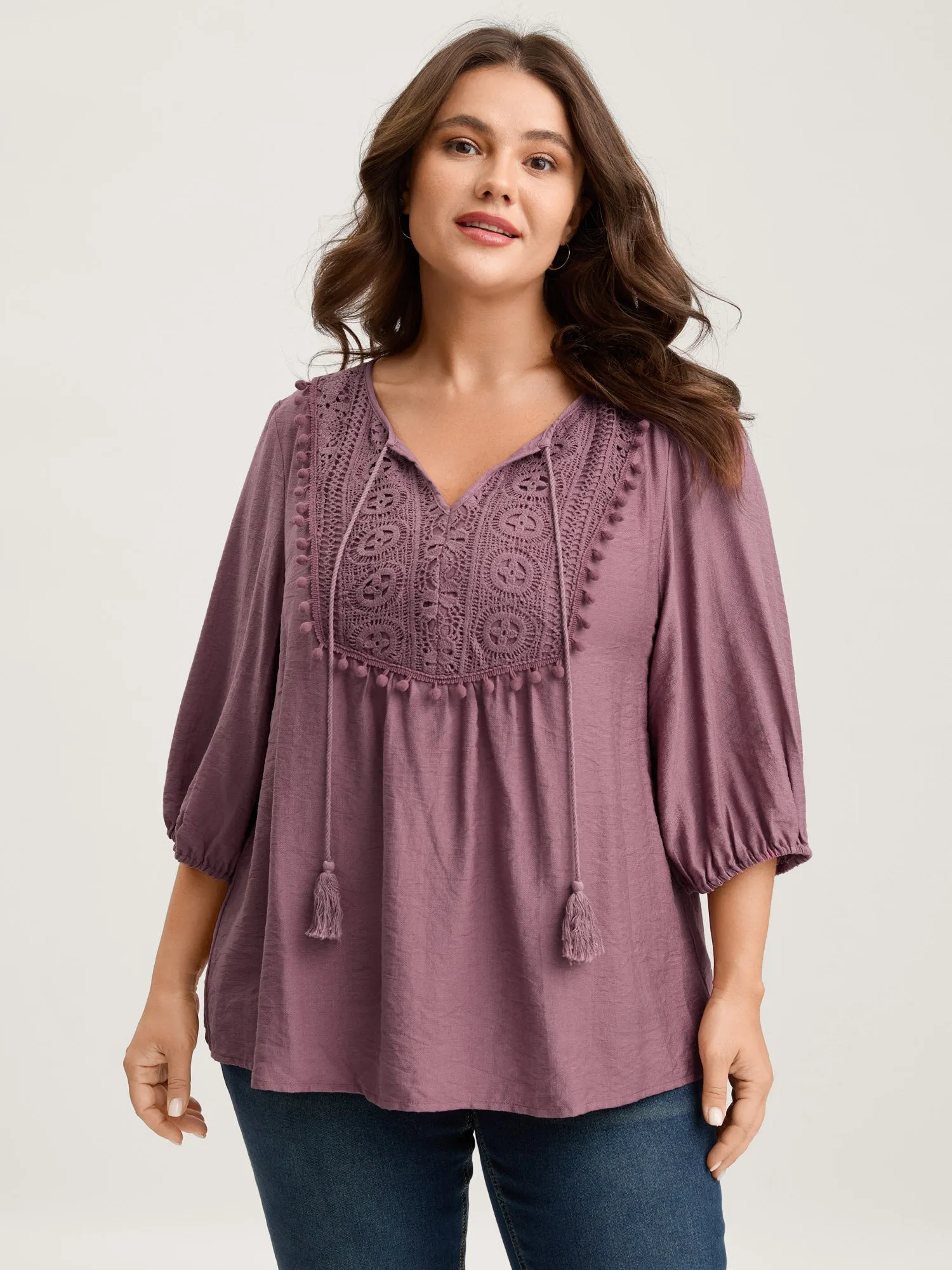 Lace Neck Tie Flowy Solid Blouse sold by Bloomchic