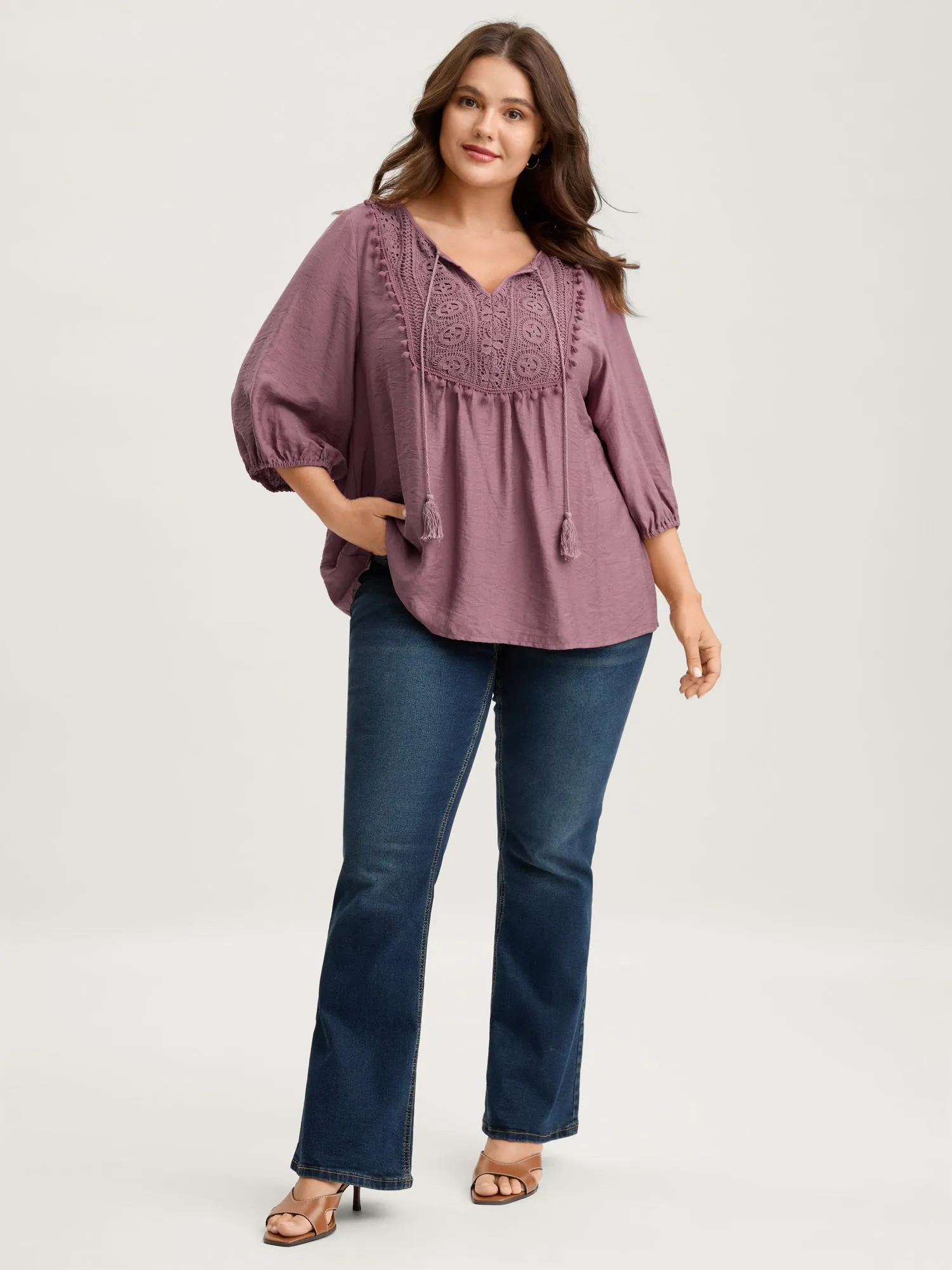 Lace Neck Tie Flowy Solid Blouse sold by Bloomchic product image thumbnail 3