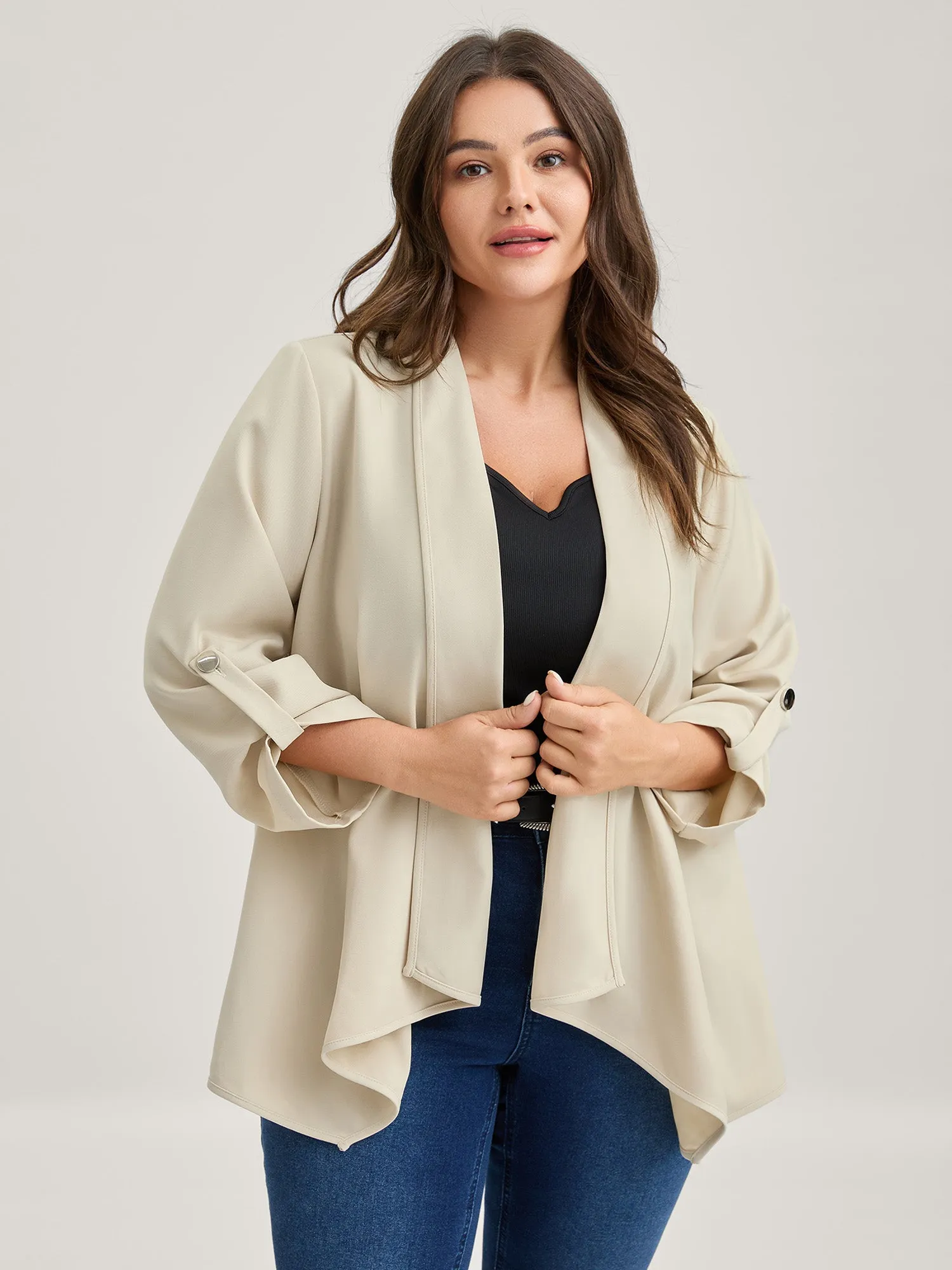 Tab Sleeve Open-Front Folded Hem Jacket sold by Bloomchic