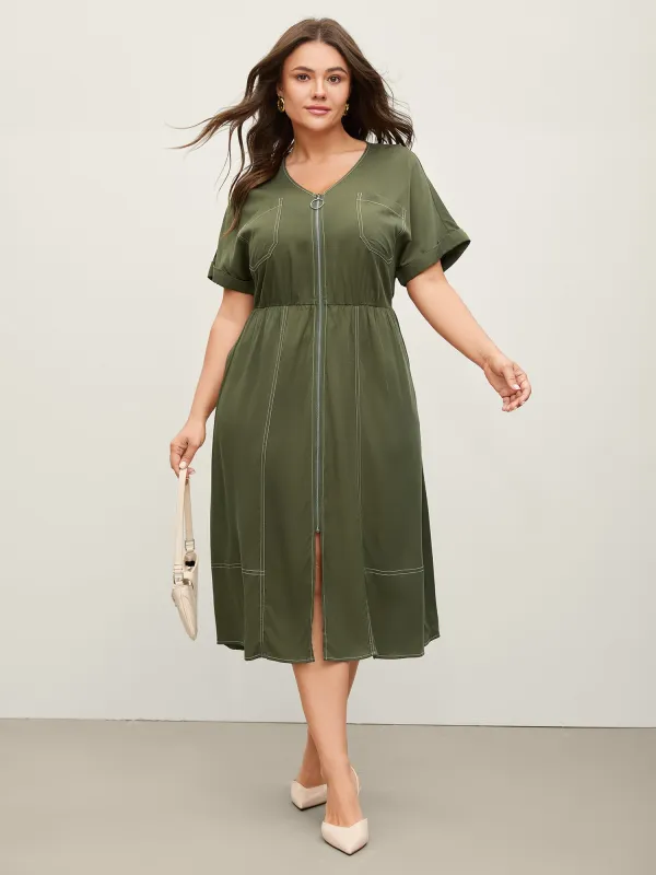 Monochrome Zipper Front Pockets Midi Dress sold by Bloomchic