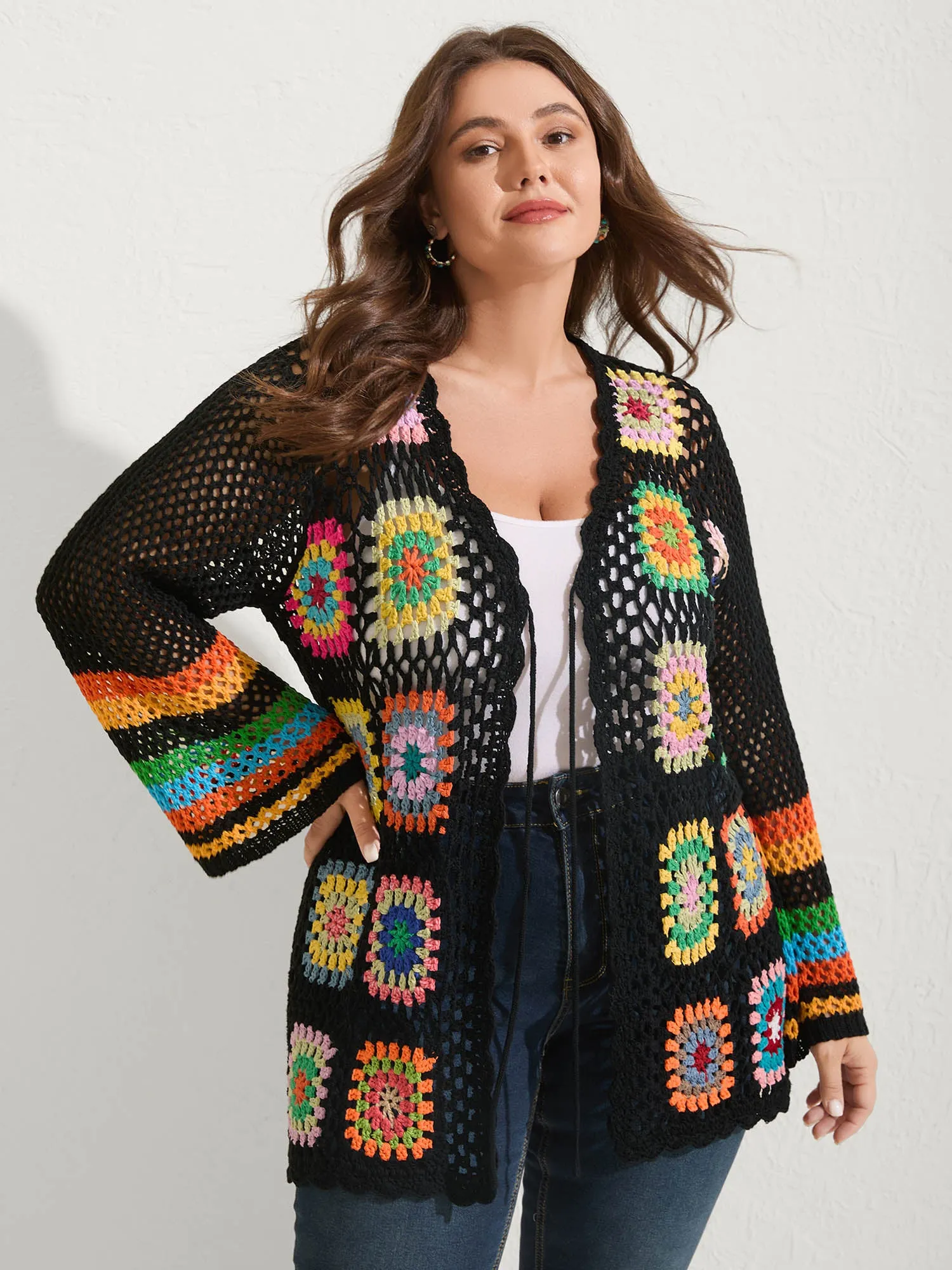 Colorful Floral Crochet Tie Knit Cardigan sold by Bloomchic product image thumbnail 2