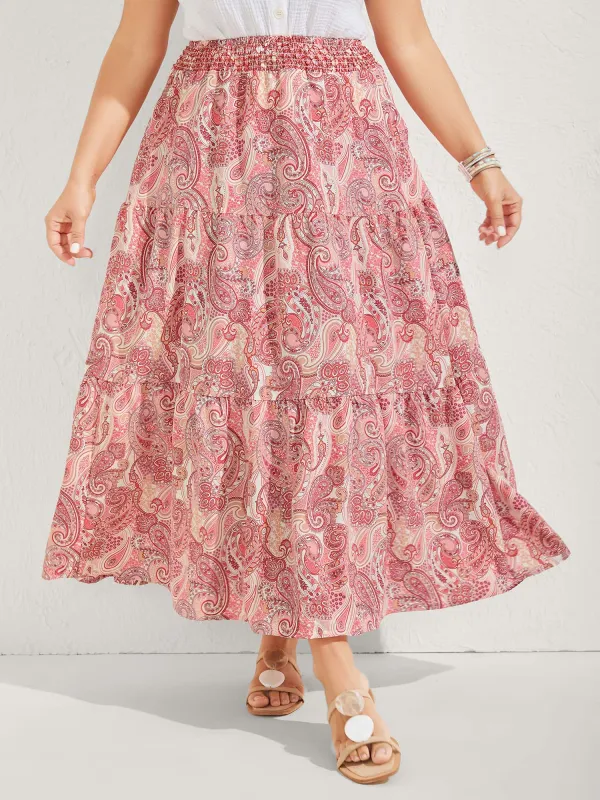 Paisley Print Shirred Waist Midi Skirt sold by Bloomchic